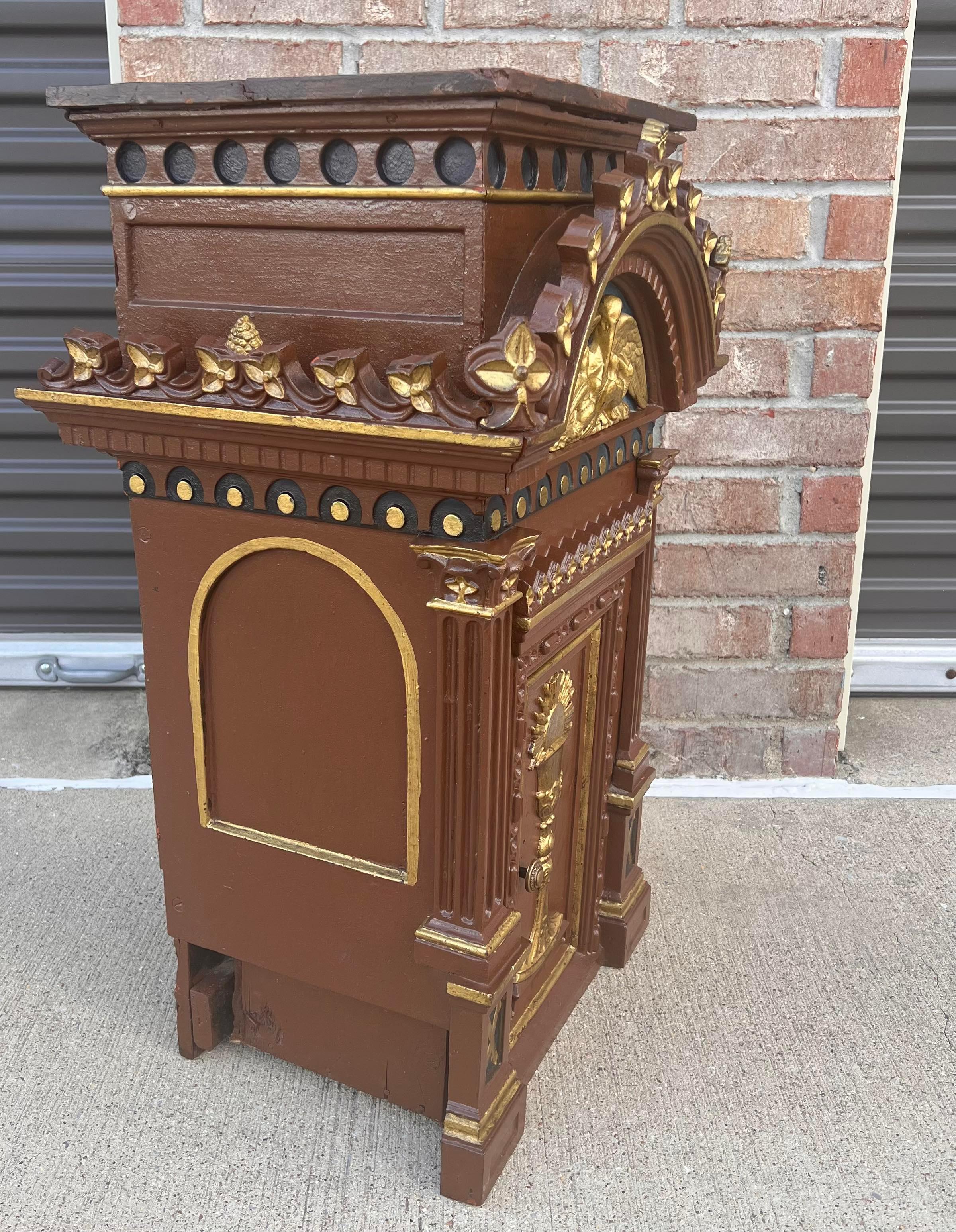 Antique Religious Polychrome Gilt Wood Cast Iron Tabernacle For Sale 6