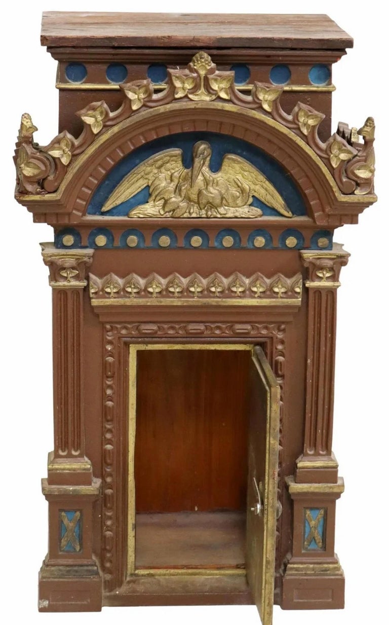 Antique Religious Polychrome Gilt Wood Cast Iron Tabernacle For Sale at