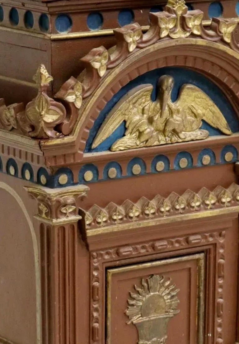 Antique Religious Polychrome Gilt Wood Cast Iron Tabernacle For Sale at
