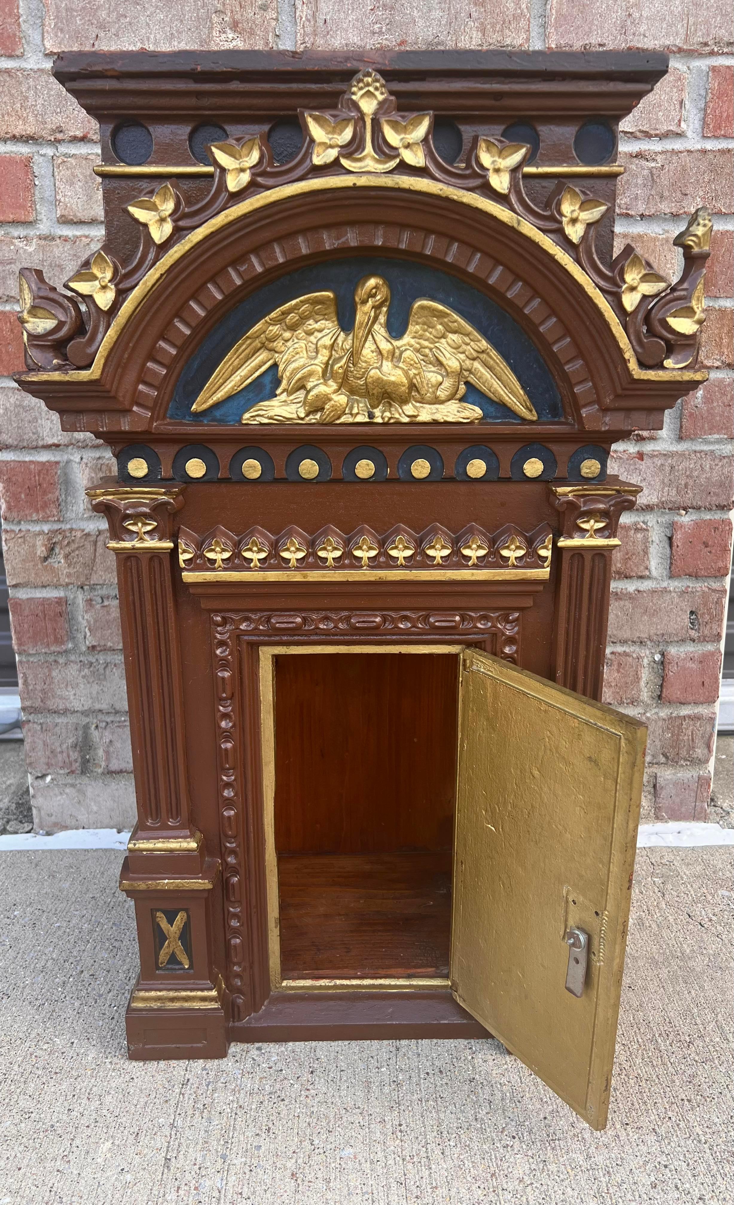 Empire Revival Antique Religious Polychrome Gilt Wood Cast Iron Tabernacle For Sale