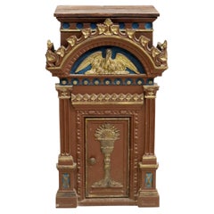Antique Religious Polychrome Gilt Wood Cast Iron Tabernacle