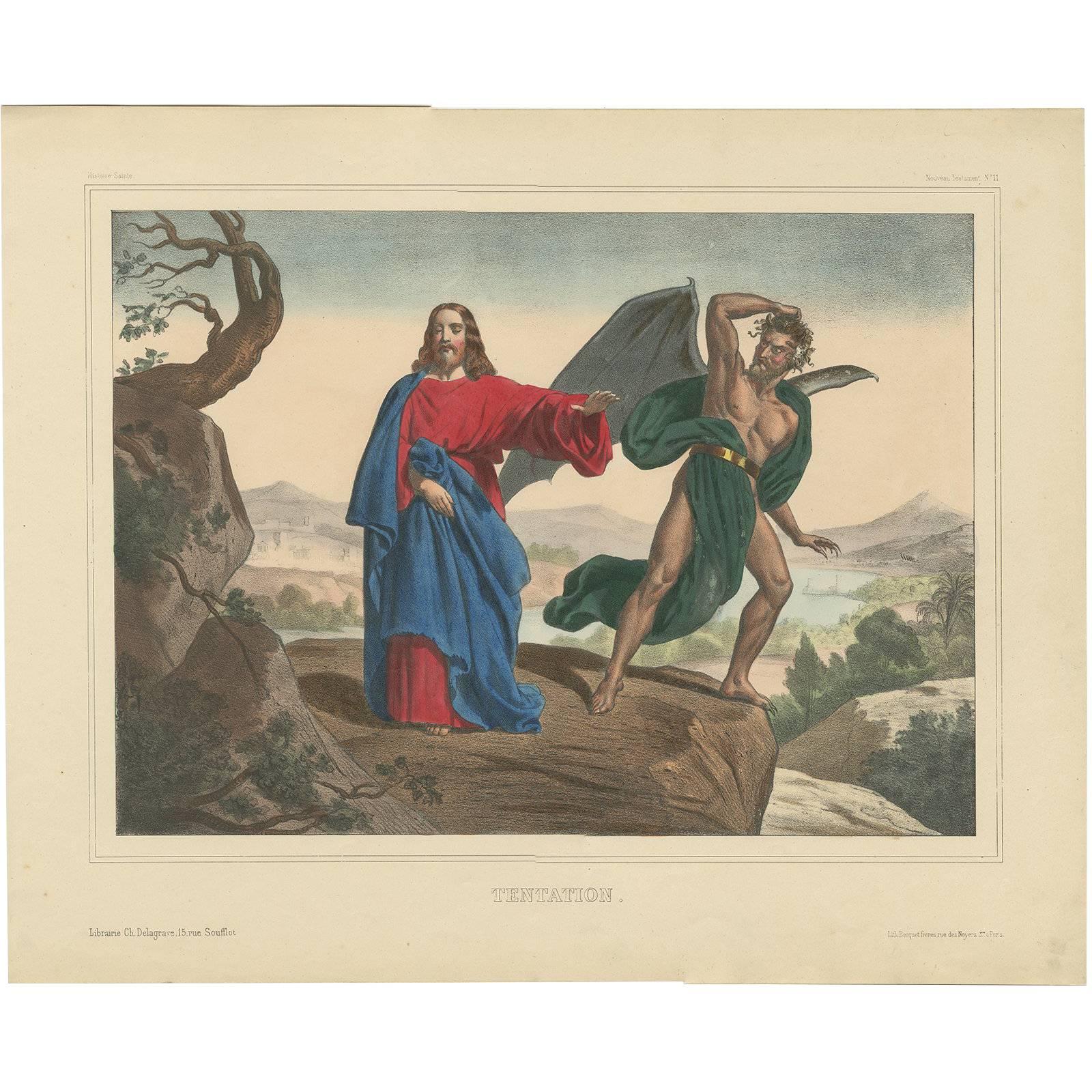 Antique Religious Print 'No. 11' The Temptation of Jesus, circa 1840