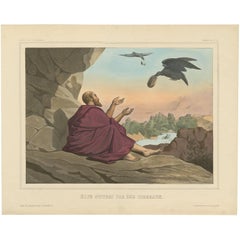 Antique Religious Print "No. 13" Elijah Fed by Ravens, circa 1840