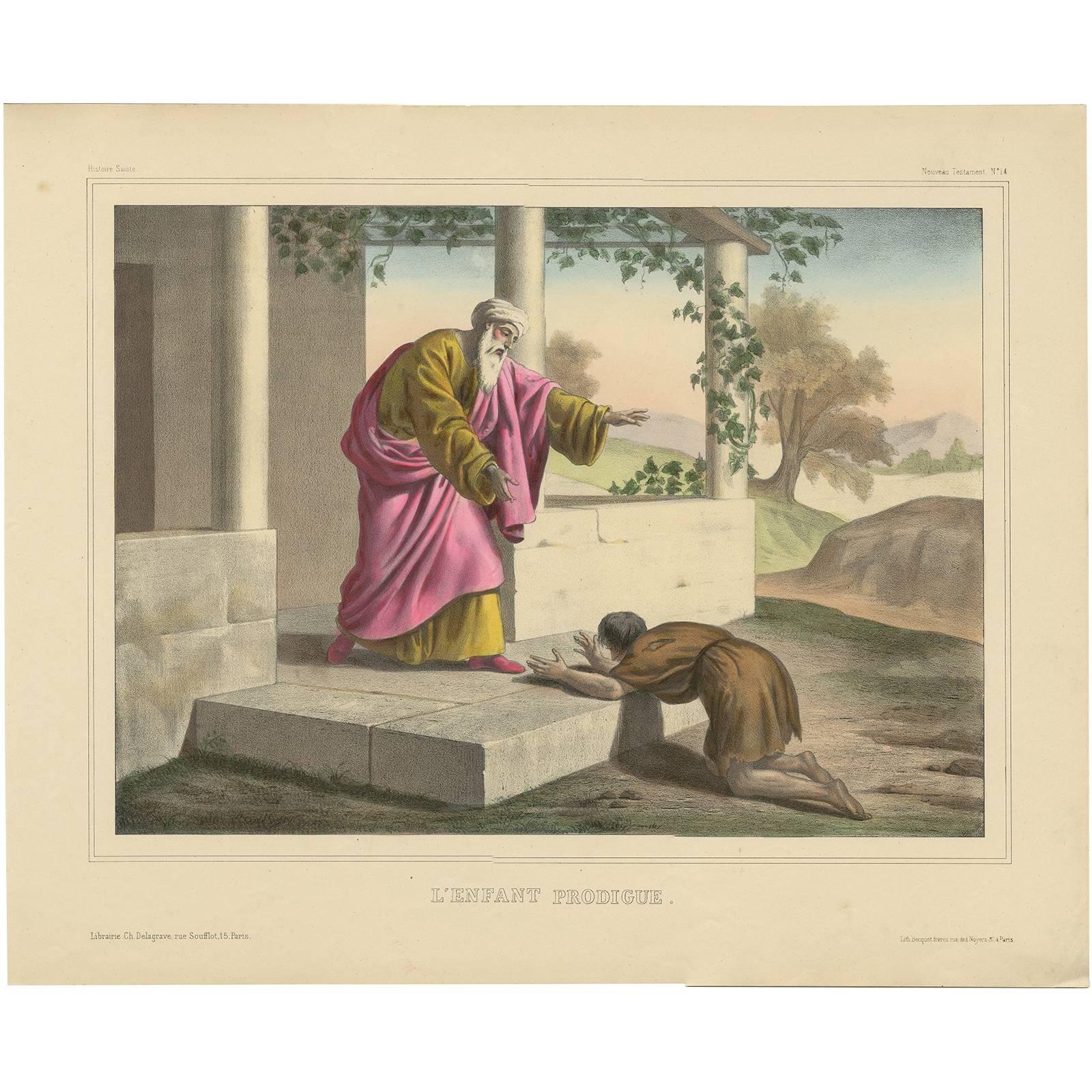 Impression religieuse ancienne « N° 14 », Le fils de Prodigal, vers 1840