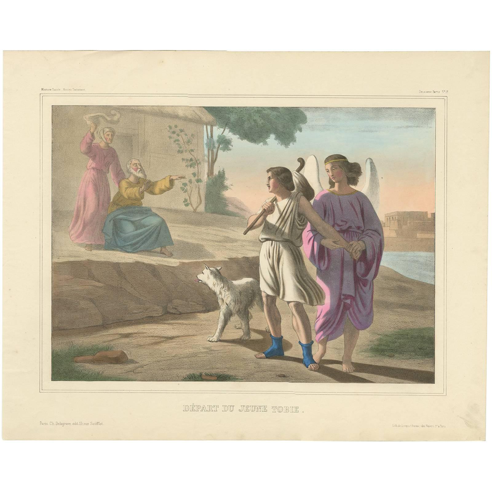Antique Religious Print 'No. 17' The Departure of Young Tobias, circa 1840 For Sale