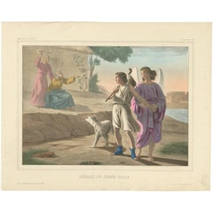 Impression religieuse ancienne « N° 17 » Le départ du jeune Tobias, vers 1840