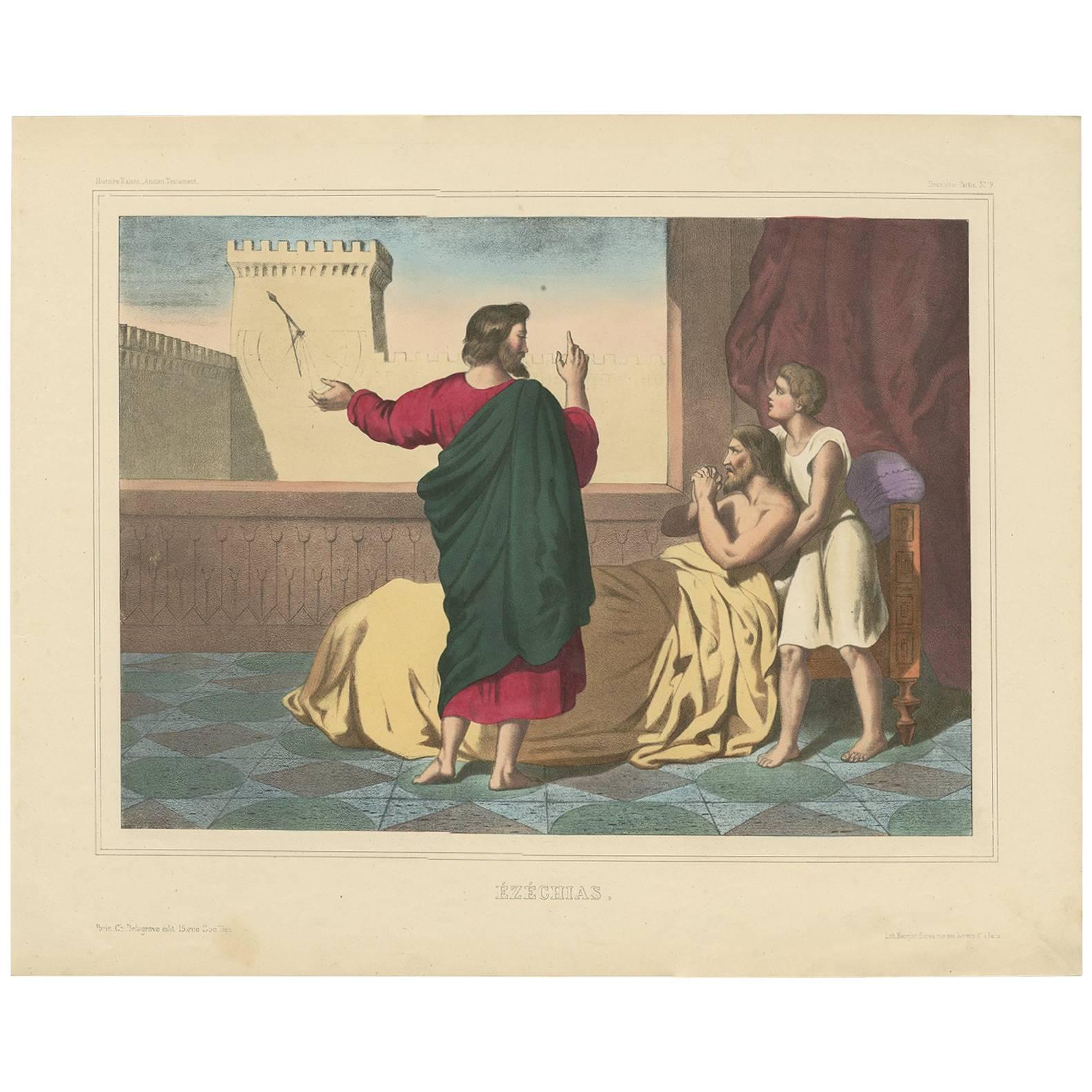 Grabado religioso antiguo 'nº 19' Hezekiah, hacia 1840