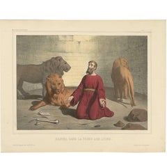 Antique Religious Print "No. 22" Daniel in the Lions Den, circa 1840