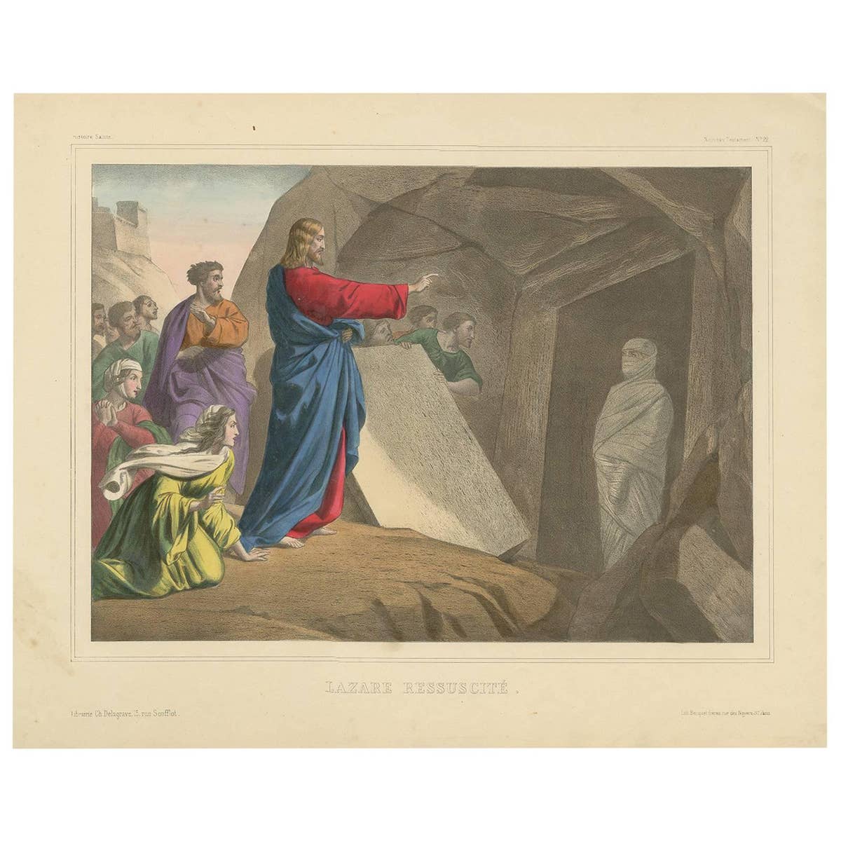 Antique Religious Print "No. 22" the Resurrection of Lazarus, circa 1840