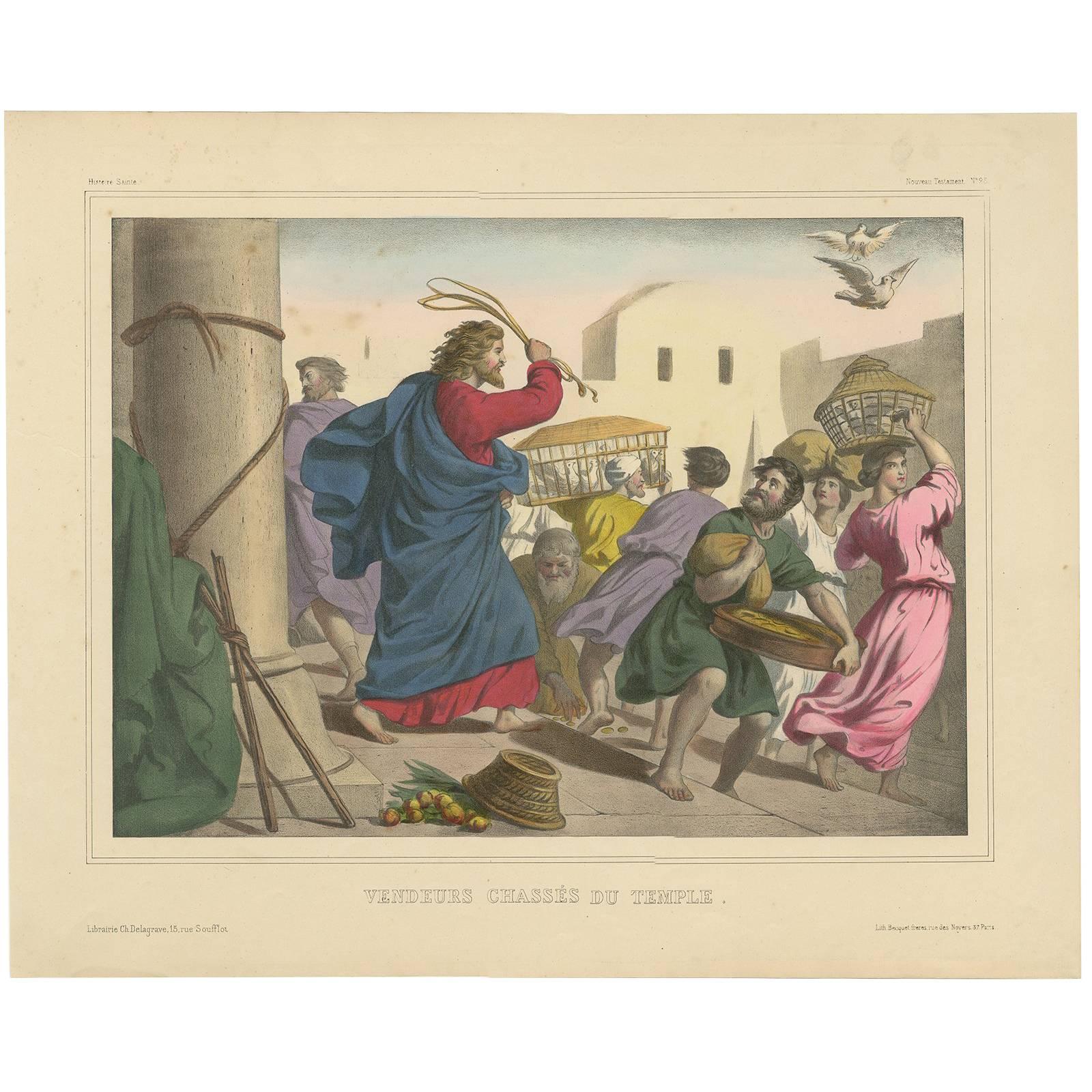 Antique Religious Print "No. 25" the Cleansing of the Temple, circa 1840