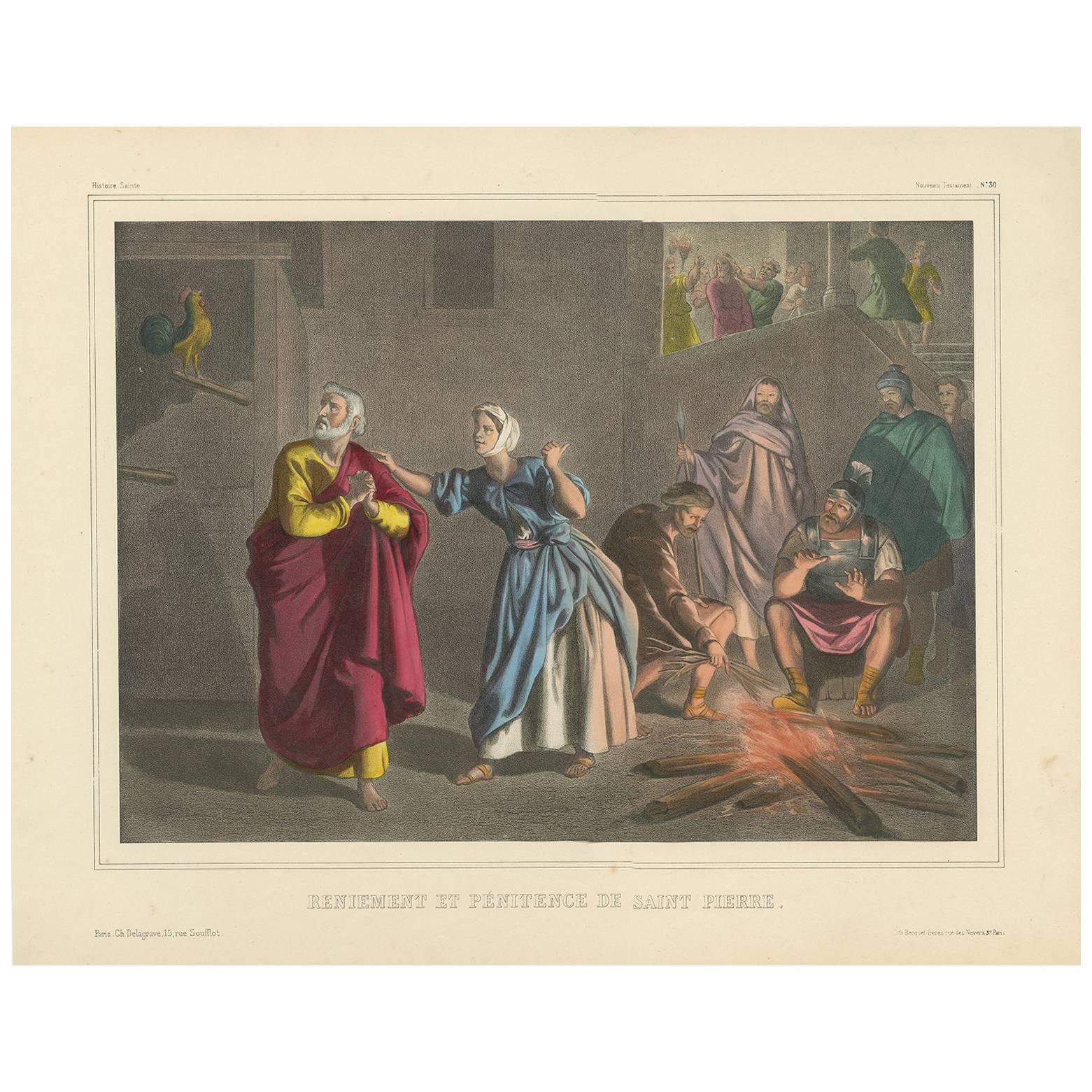 Gravure religieuse ancienne "No. 30" le Denial de Peters, circa 1840