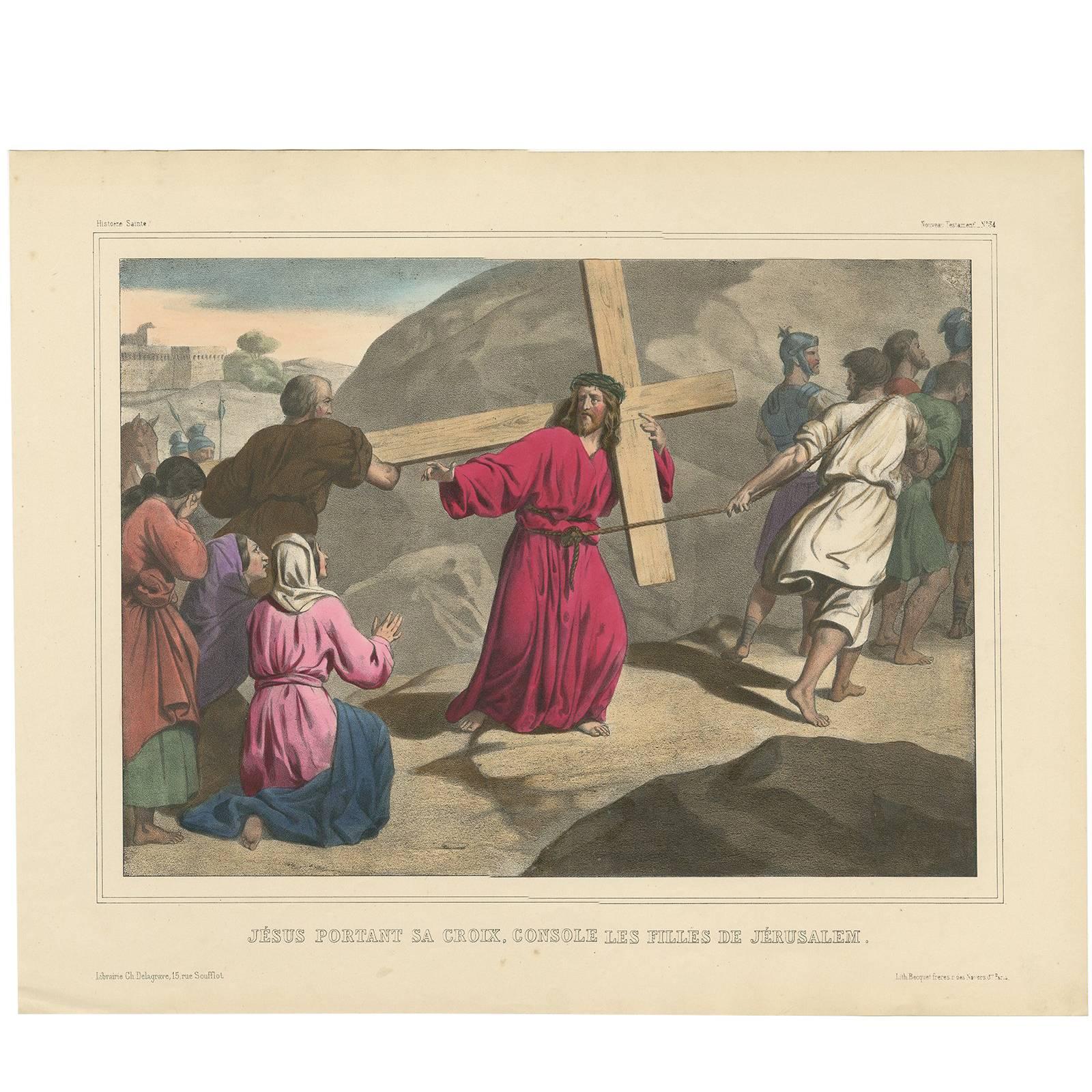 Impression religieuse ancienne « N° 34 » représentant Jésus emportant la croix, vers 1840
