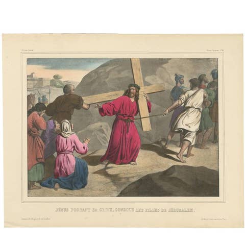 Antique Religious Print "No. 34" Jesus Carrying the Cross, circa 1840