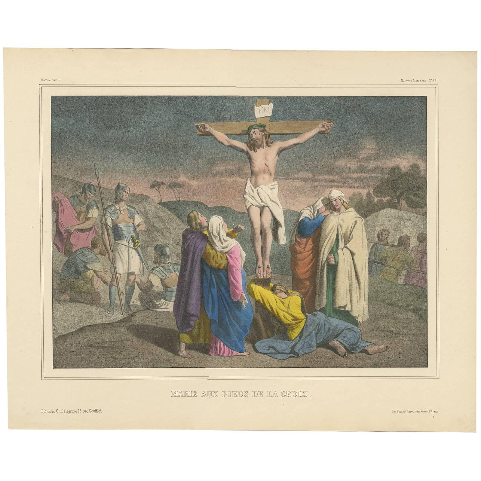 Antique Religious Print 'No. 36' Mary at the Foot of the Cross, circa 1840