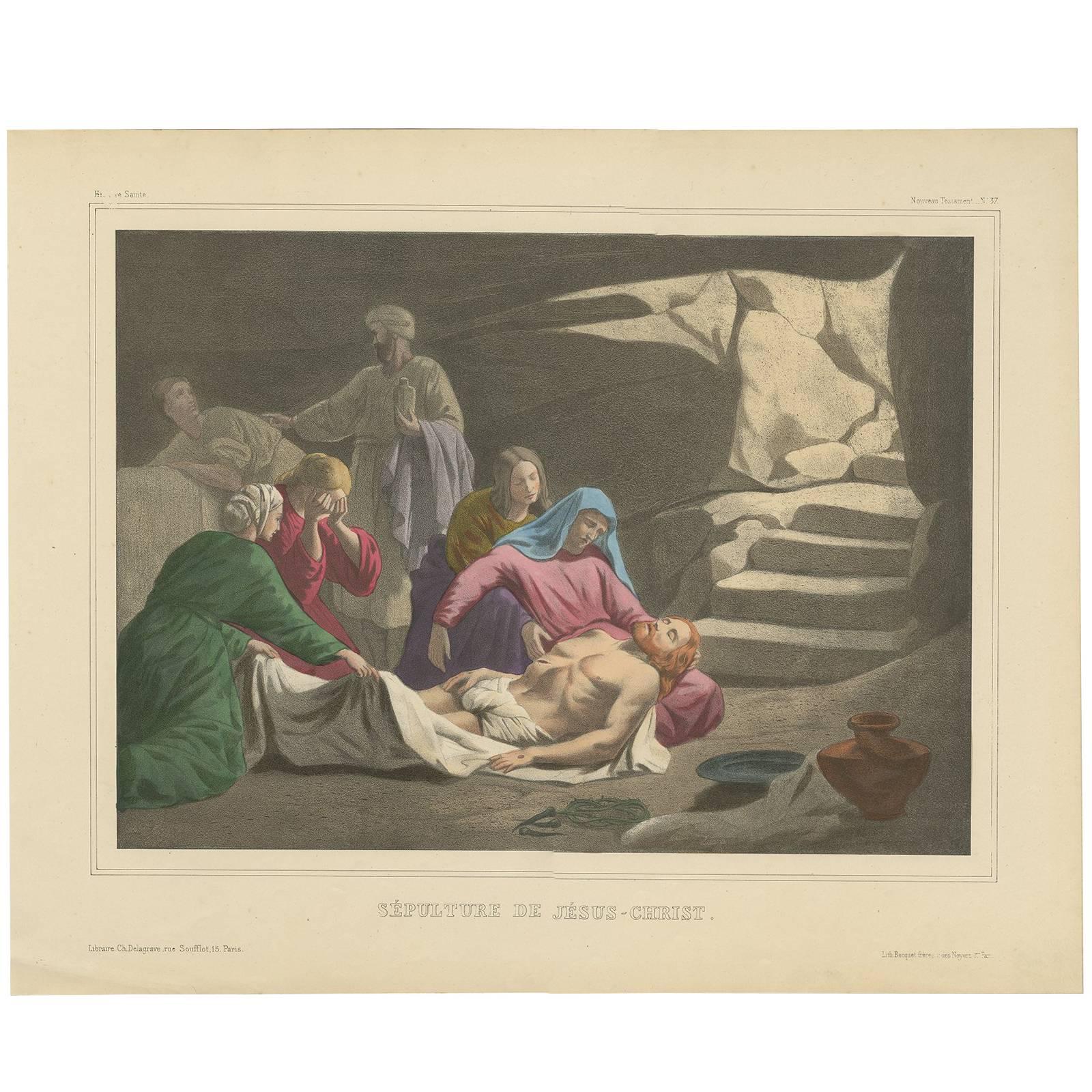 Antique Religious Print 'No. 37' The Burial of Jesus Christ, circa 1840