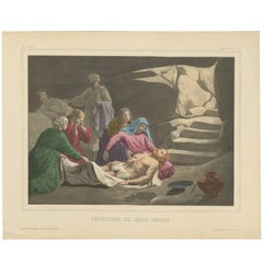Grabado religioso antiguo "nº 37" El entierro de Jesucristo, hacia 1840