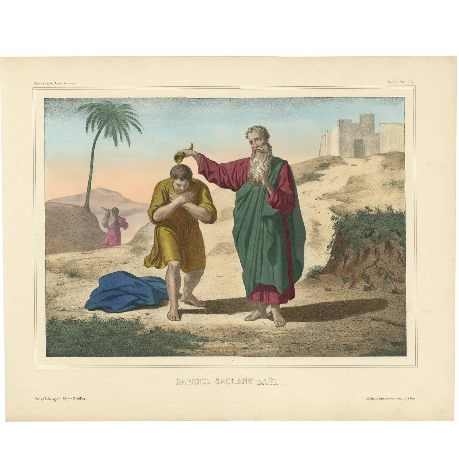 Antique Religious Print 'No. 4' Samuel anoints Saul, circa 1840