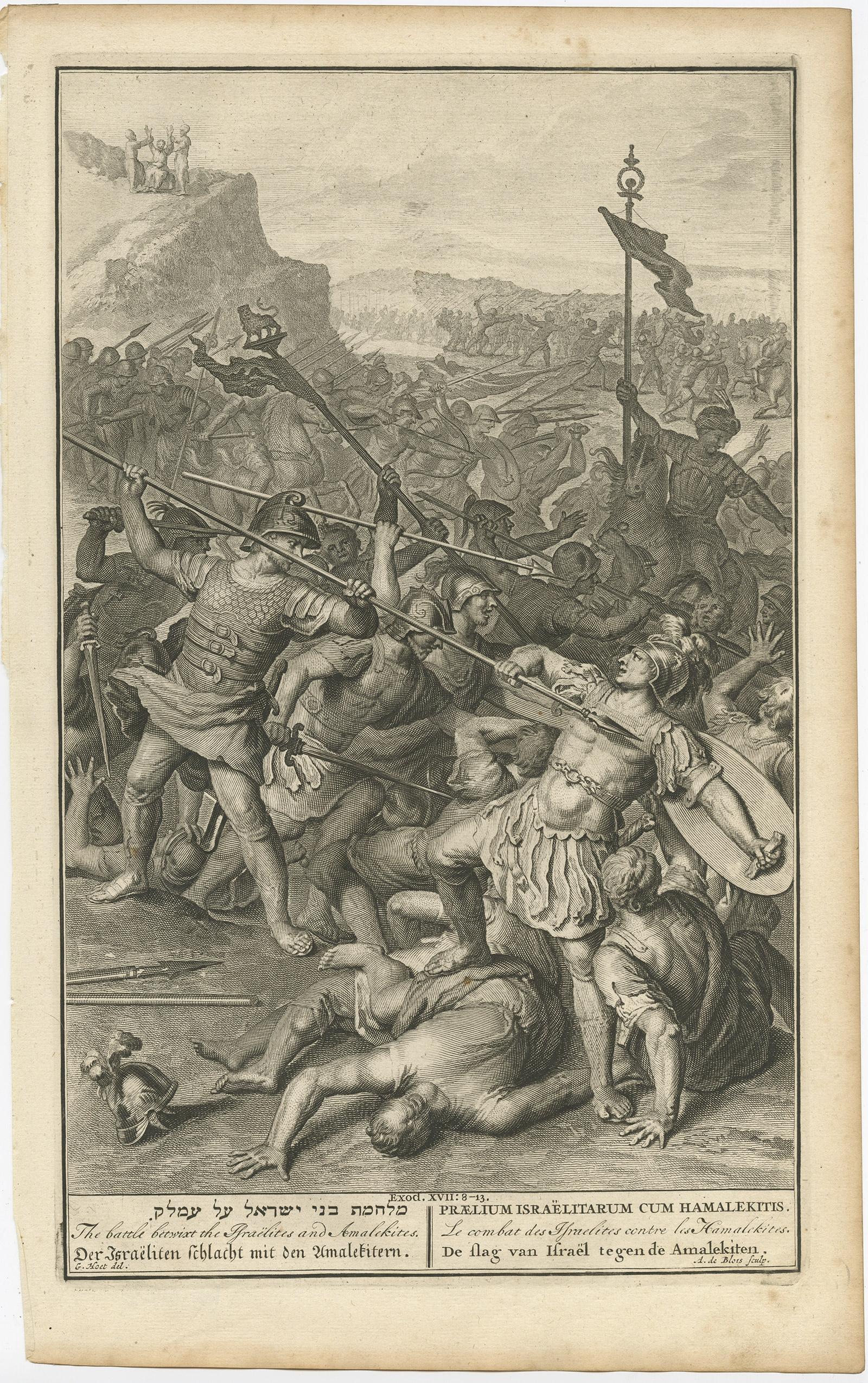 Antique religion print titled 'The battle betwixt the Israëlites and Amalekites'. 

The Battle Between the Israelites and Amalekites; as in Exodus 17:8-13: 