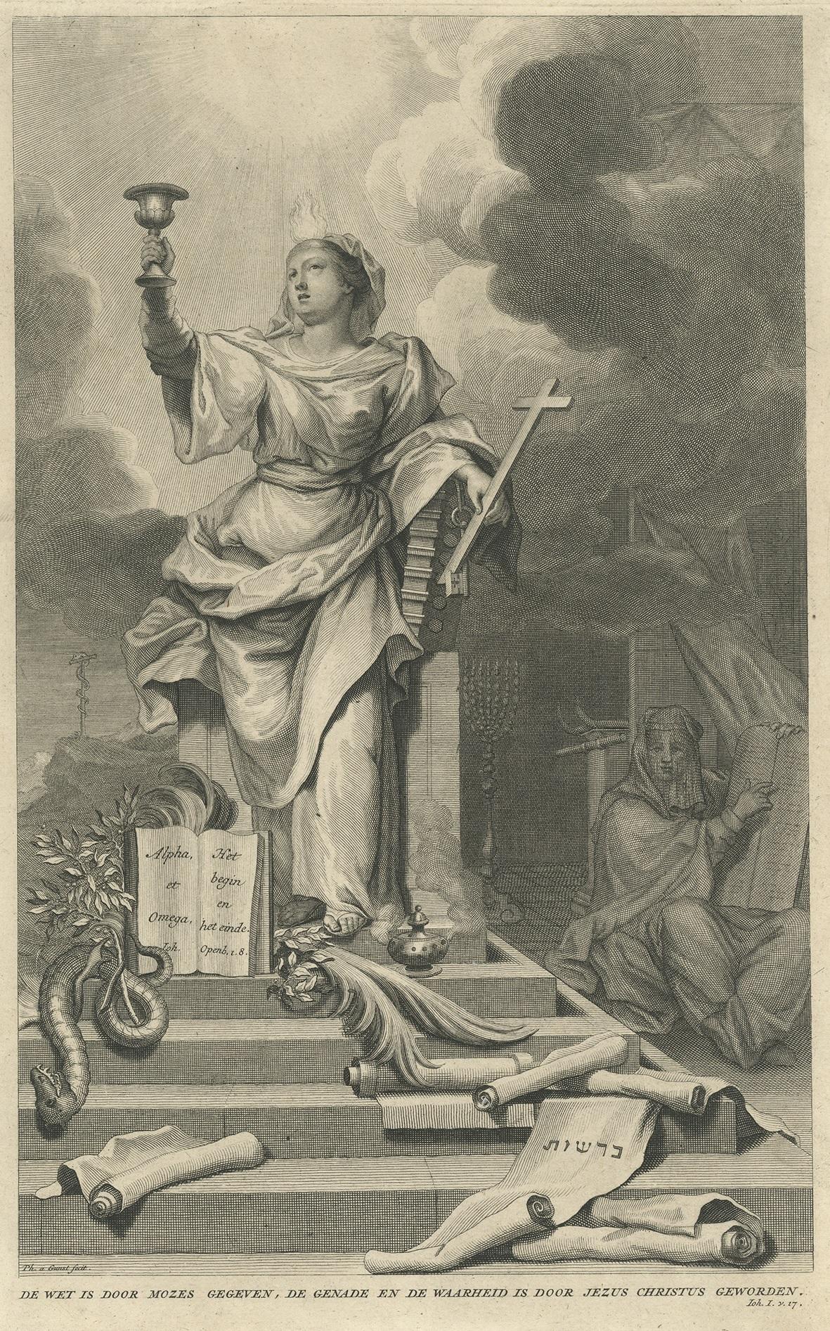 Antique print titled 'De wet is door Mozes gegeven, de genade en de waarheid is door Jesus Christus geworden.' The law is given by Moses, Mercy and Truth established by Jesus Christ. Joh I. v. 17. This print originates from 'Het algemeen groot