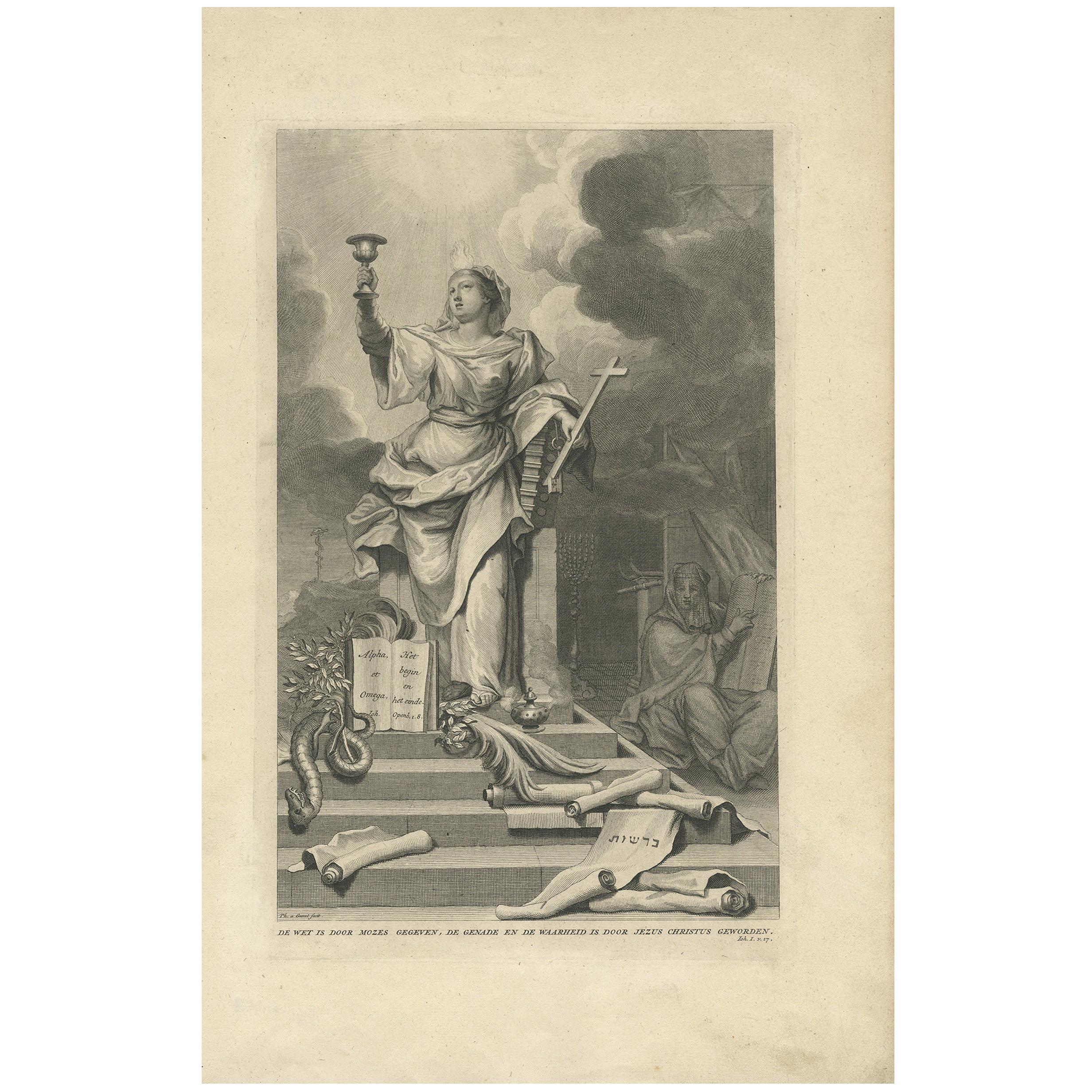 Impression religieuse ancienne « La loi est donnée par Moïse » par A. Calmet, « vers 1725 »