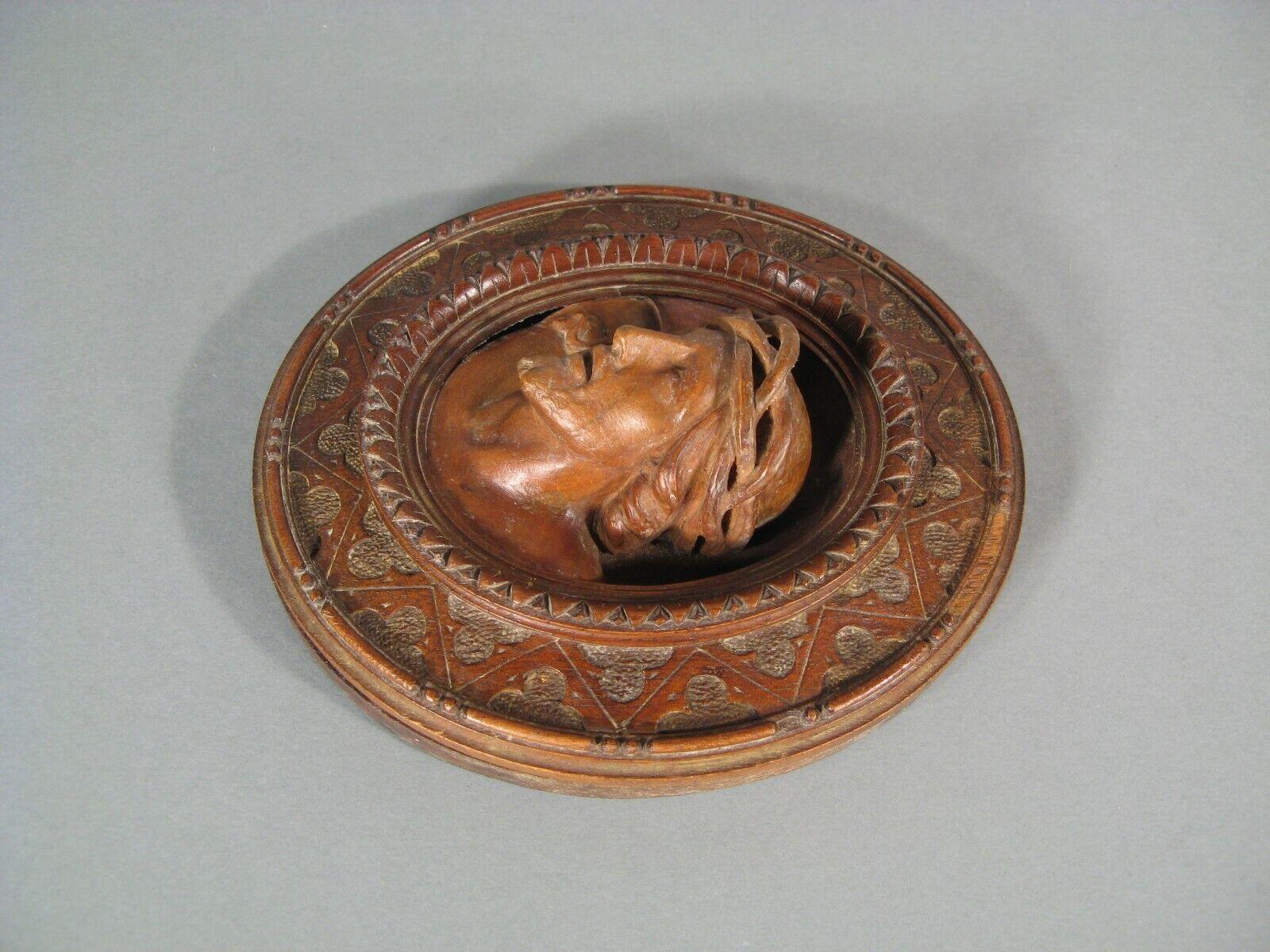 19th Century Antique Religious Sculpture Medallion of Christ with Crown of Thorns - 1Y201