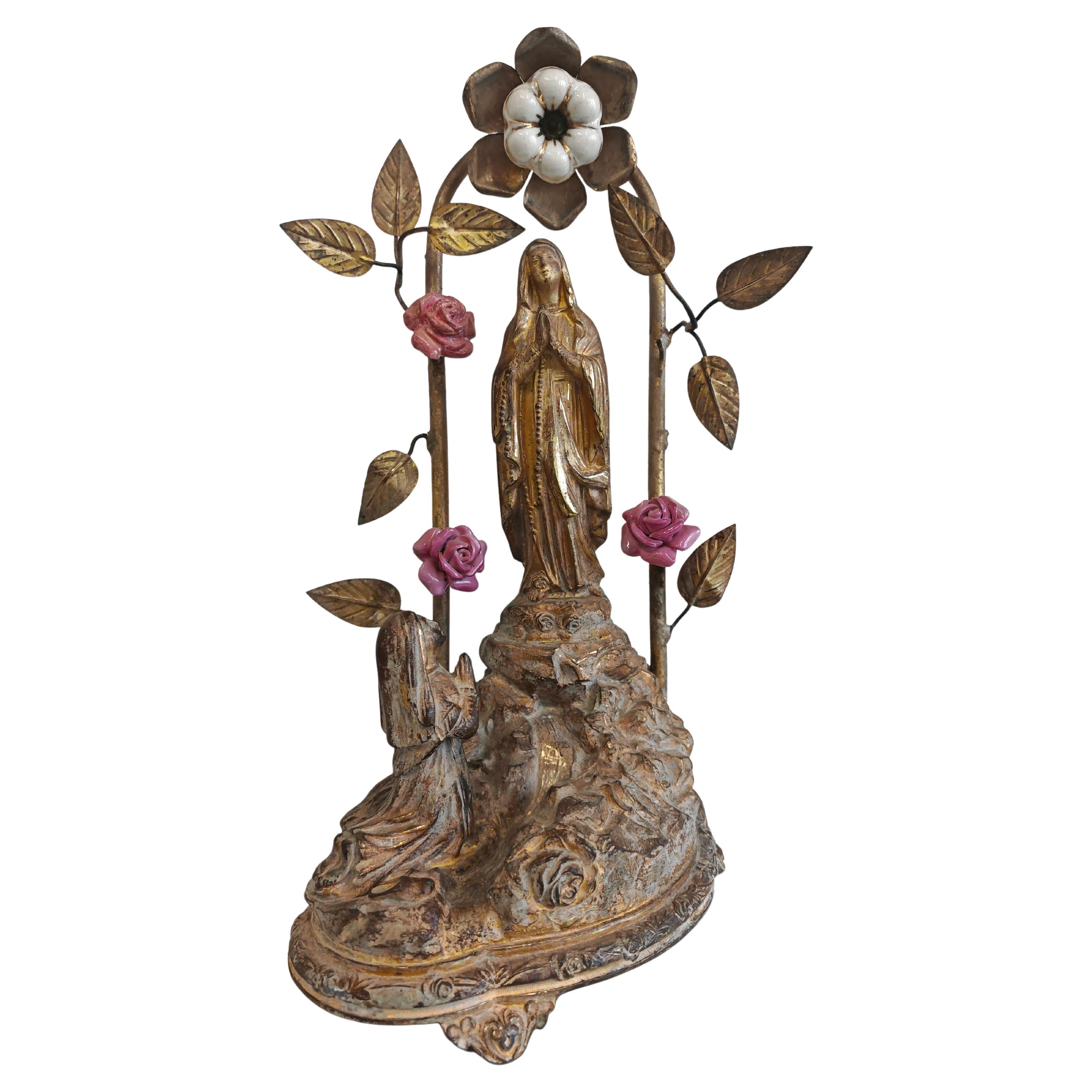 Souvenir religieux ancien de Lourdes, Vierge Marie en bronze doré, France 1920