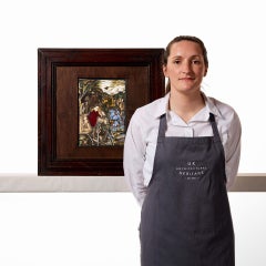 Antique Religious Stained Glass Depicting the Flight into Egypt