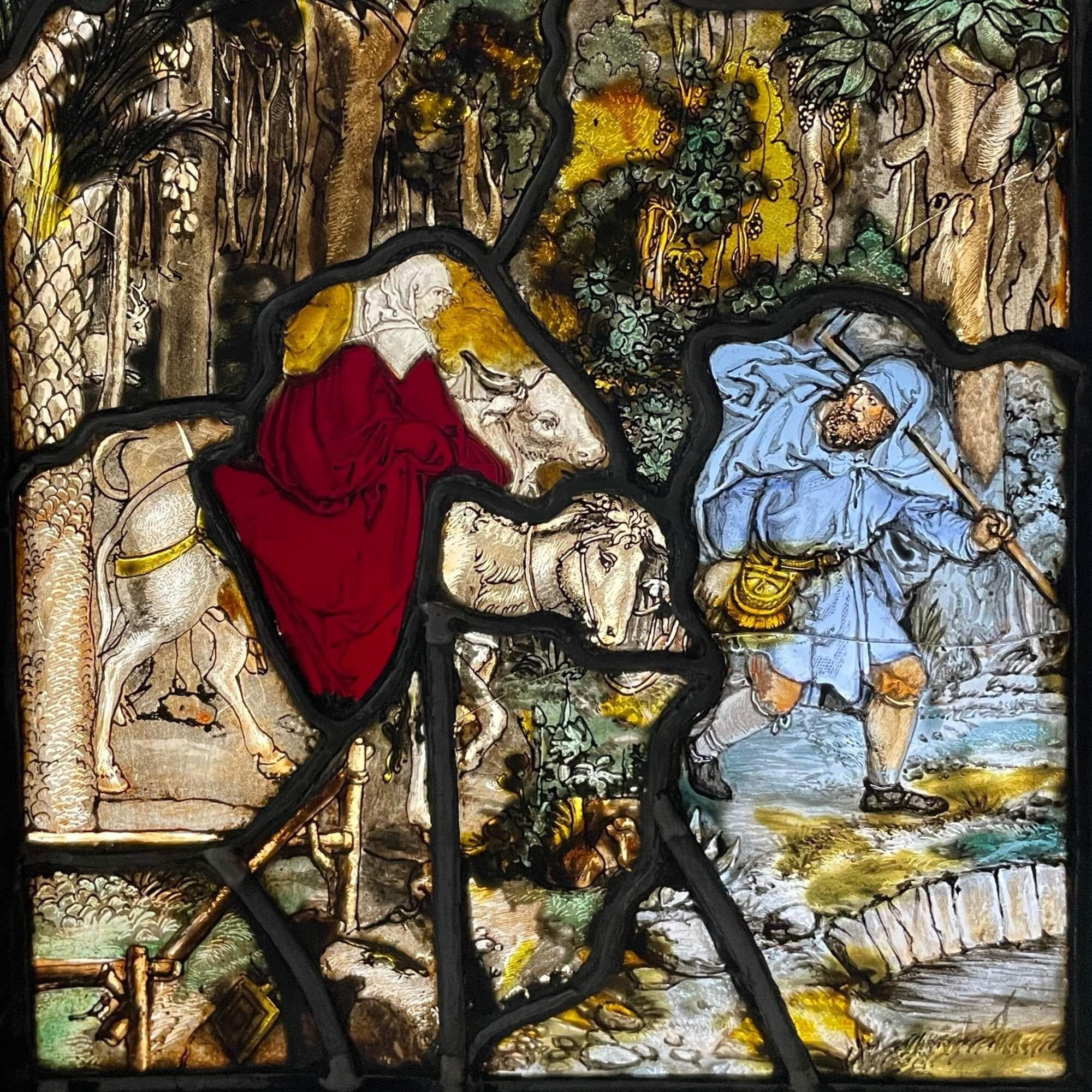 German Antique Religious Stained Glass Depicting the Flight into Egypt For Sale