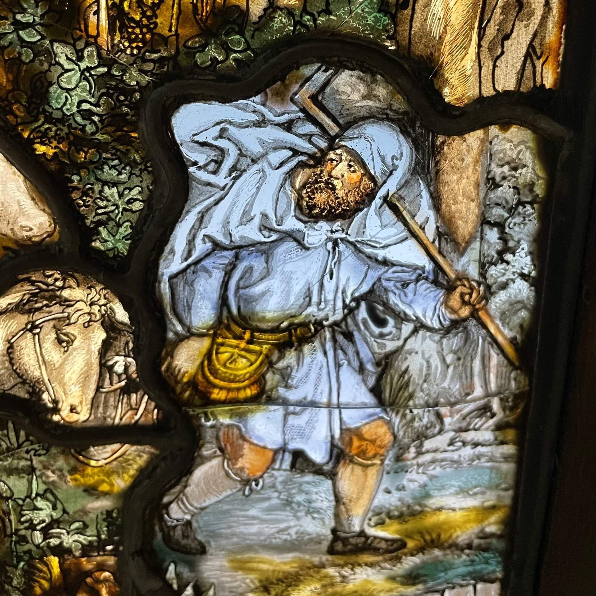 Antique Religious Stained Glass Depicting the Flight into Egypt In Fair Condition For Sale In Wormelow, Herefordshire