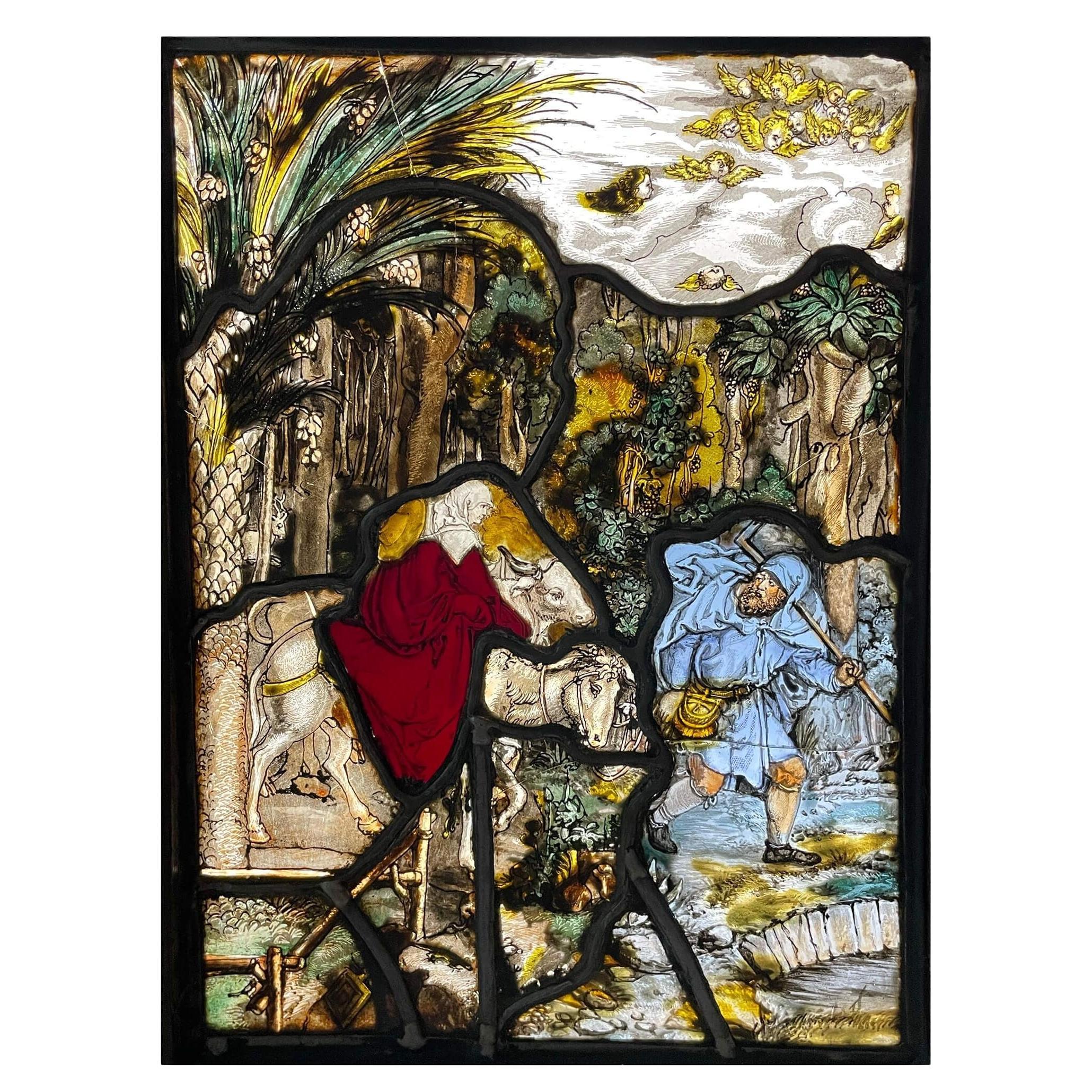 Antique Religious Stained Glass Depicting the Flight into Egypt For Sale