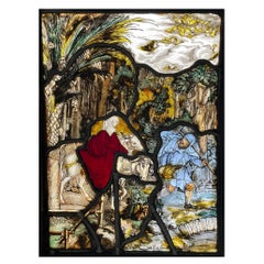 Antique Religious Stained Glass Depicting the Flight into Egypt