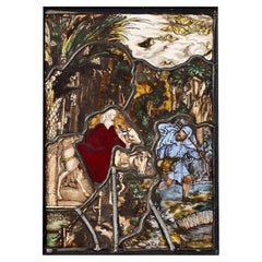 Antique Religious Stained Glass Depicting the Flight into Egypt