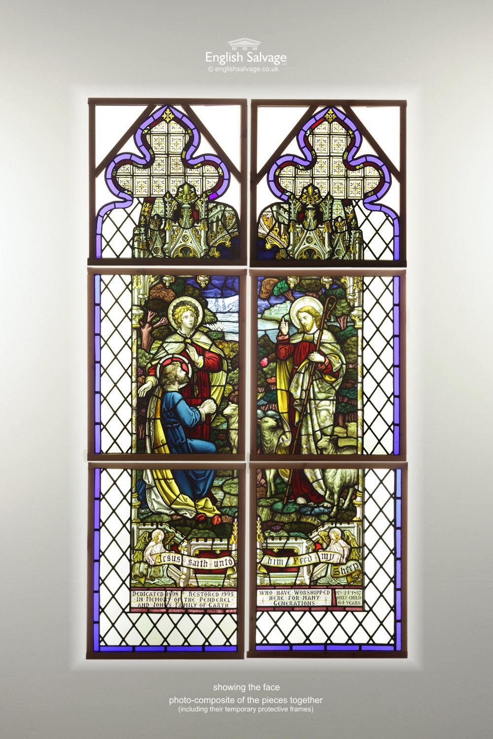 Beautiful antique religious stained glass window with Gothic shaped tops, made up of six leaded panels. The stunningly detailed painted window is based on John Chapter 21, verses 15-17, when Jesus asked Peter to care for his sheep. The window reads