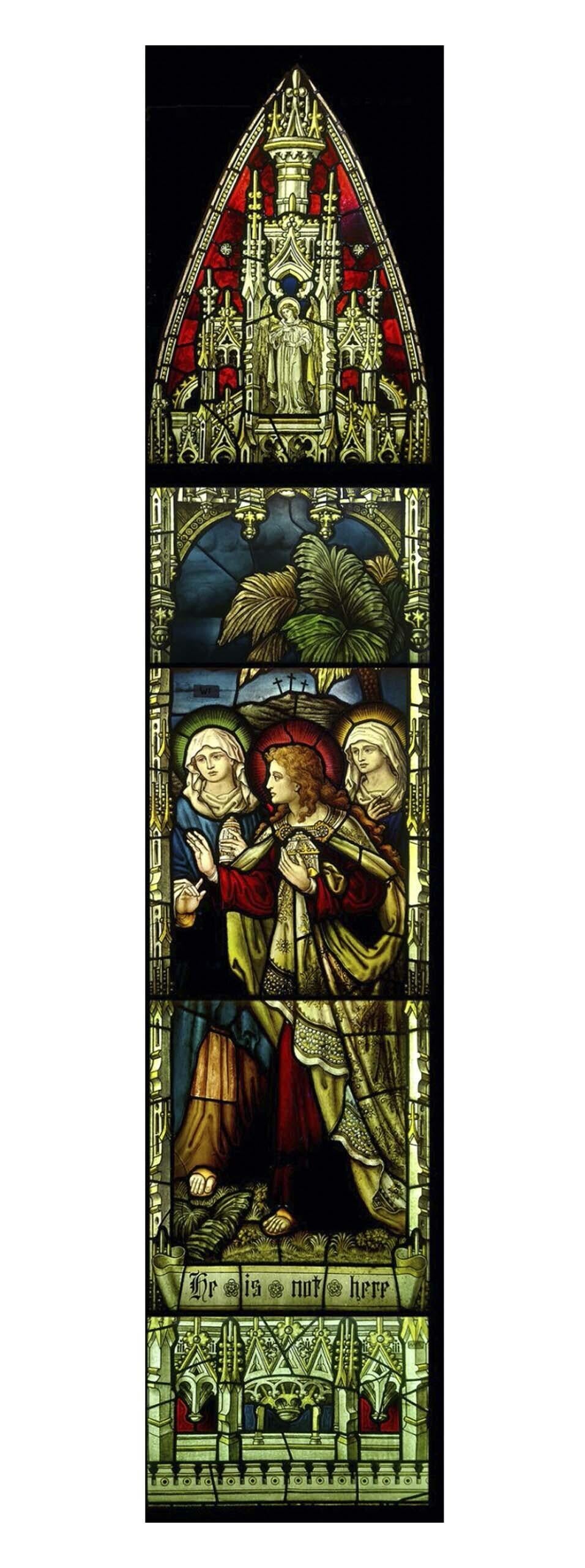 Antique Religious Stained Glass Window. It was designed and built by the Atkinson Brothers. Three of the Atkinson Brothers (William, Frederick and Albert) became stained glass window artists. They started the business in 1876.