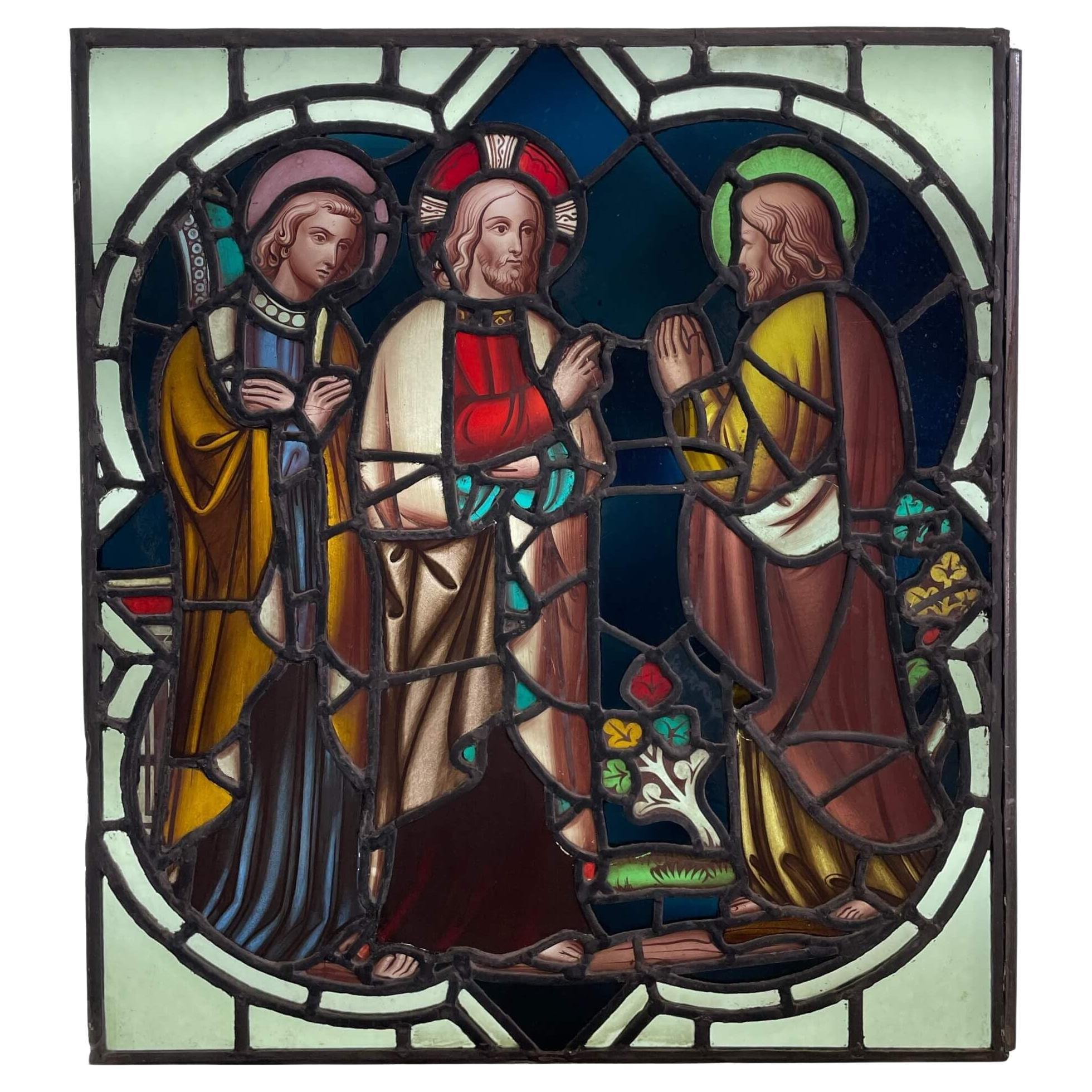 Antique Religious Stained Glass Window For Sale