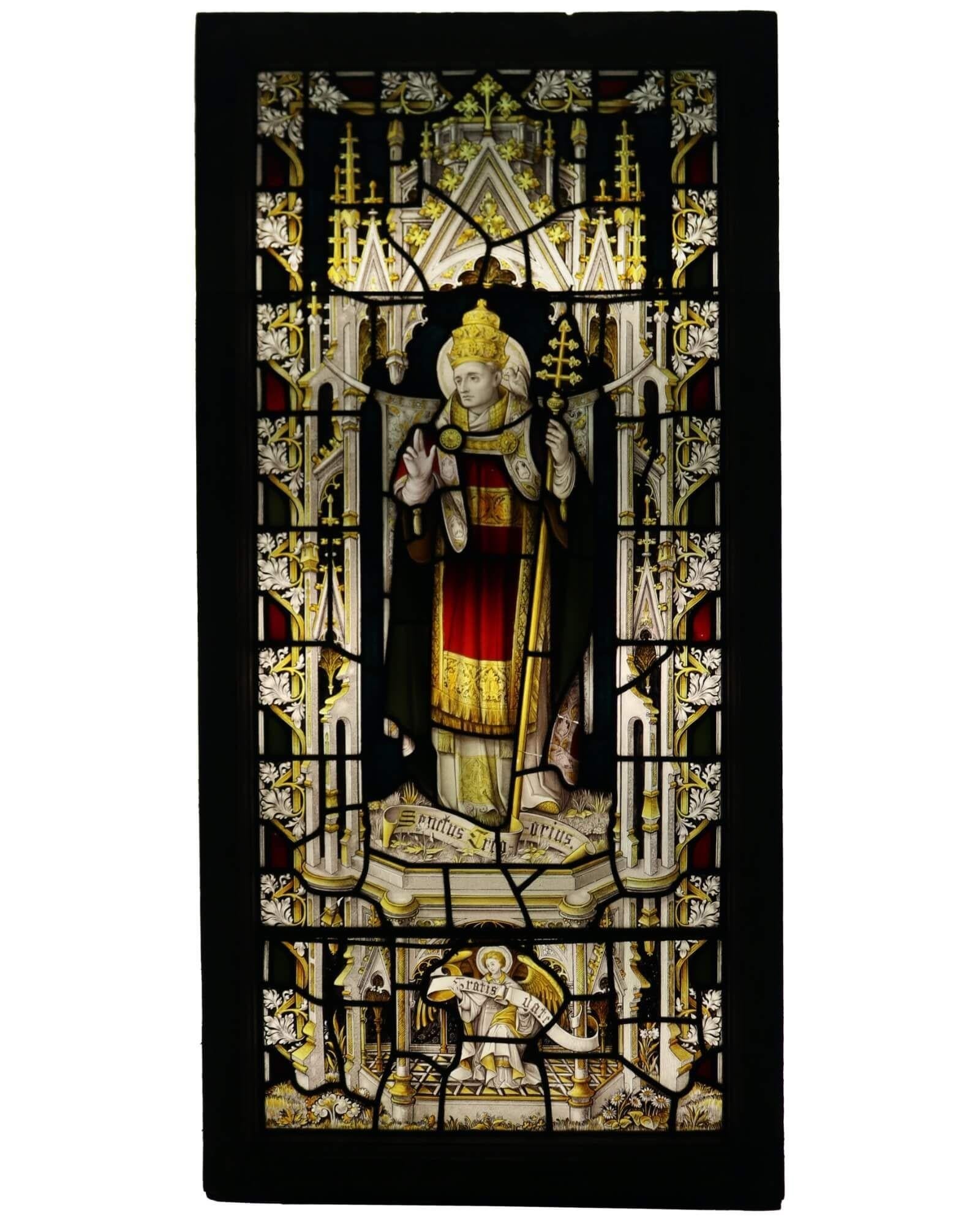 Victorian Antique Religious Stained Glass Window of Saint Gregory For Sale