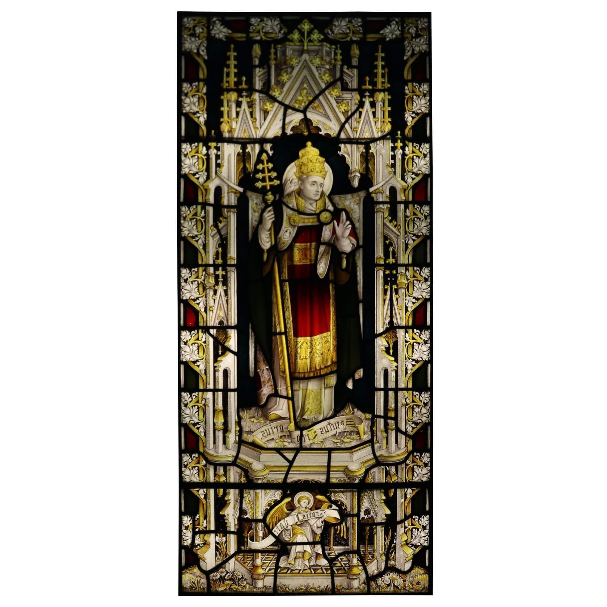 English Antique Religious Stained Glass Window of Saint Gregory For Sale