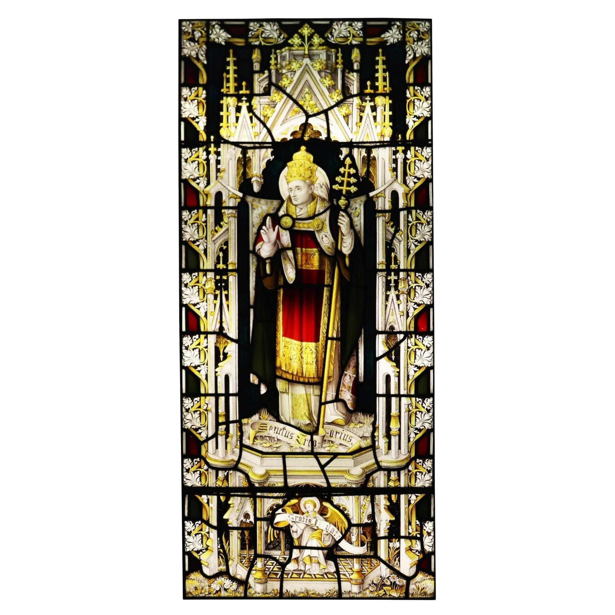 Antique Religious Stained Glass Window of Saint Gregory