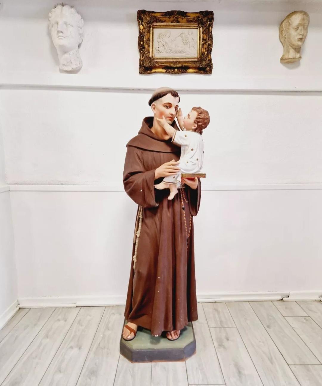 Antique Religious Statue Saint Anthony Church Sculpture in vendita 2