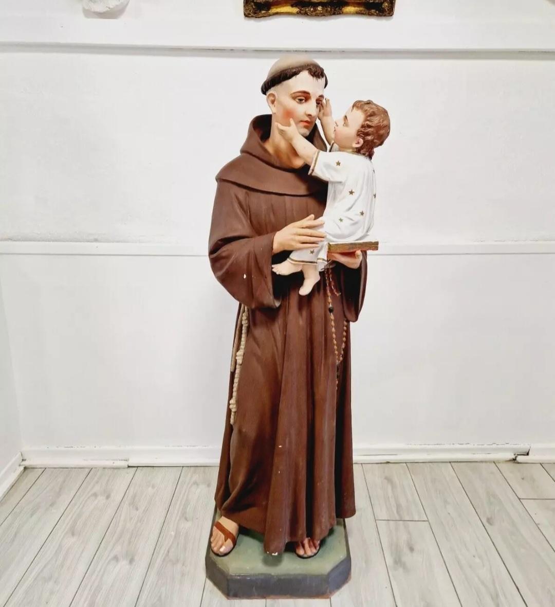 Antique Religious Statue Saint Anthony Church Sculpture In condizioni buone in vendita a Buxton, GB
