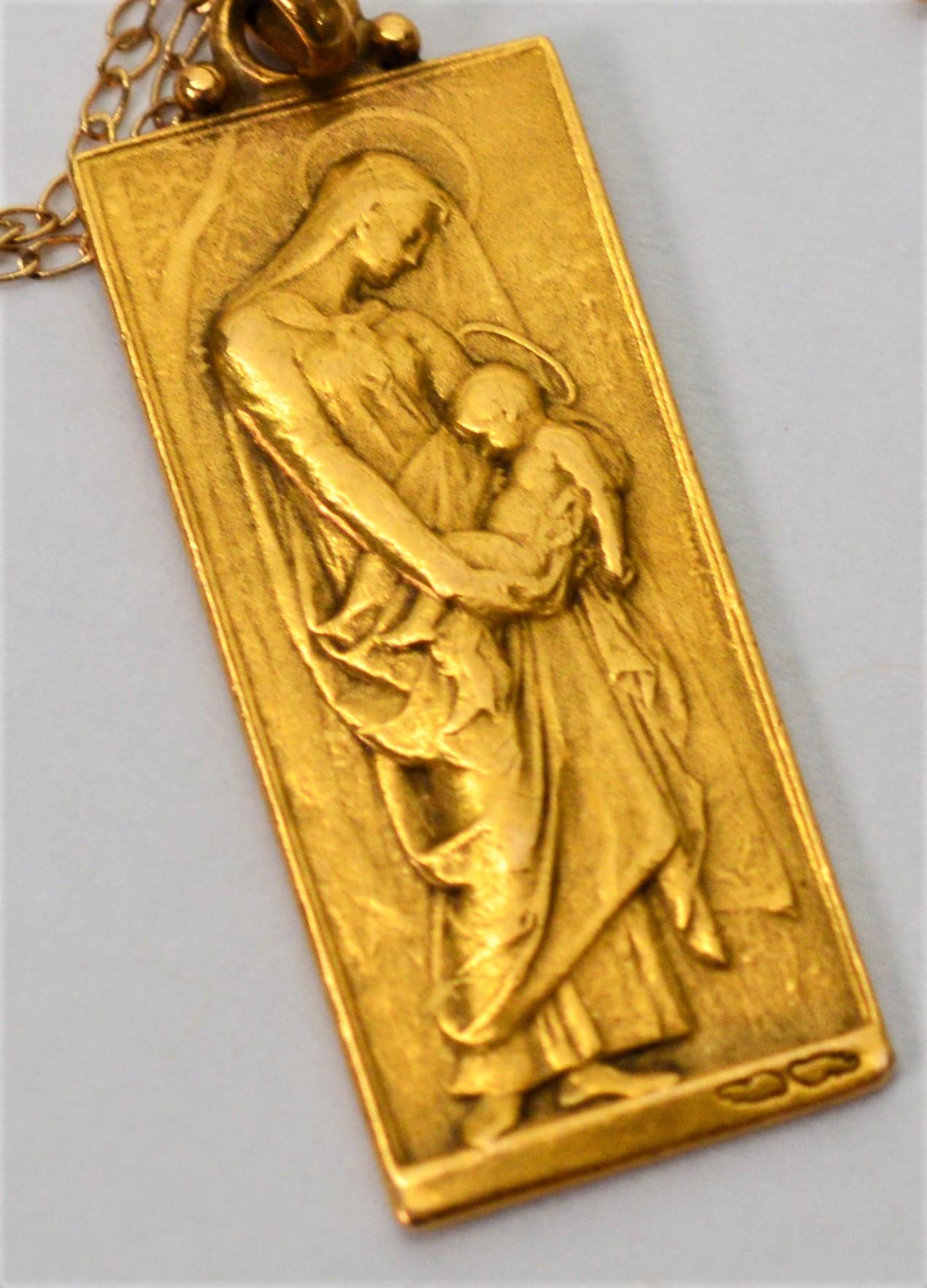 Women's or Men's Antique Religious Yellow Gold Plaque Medal Necklace