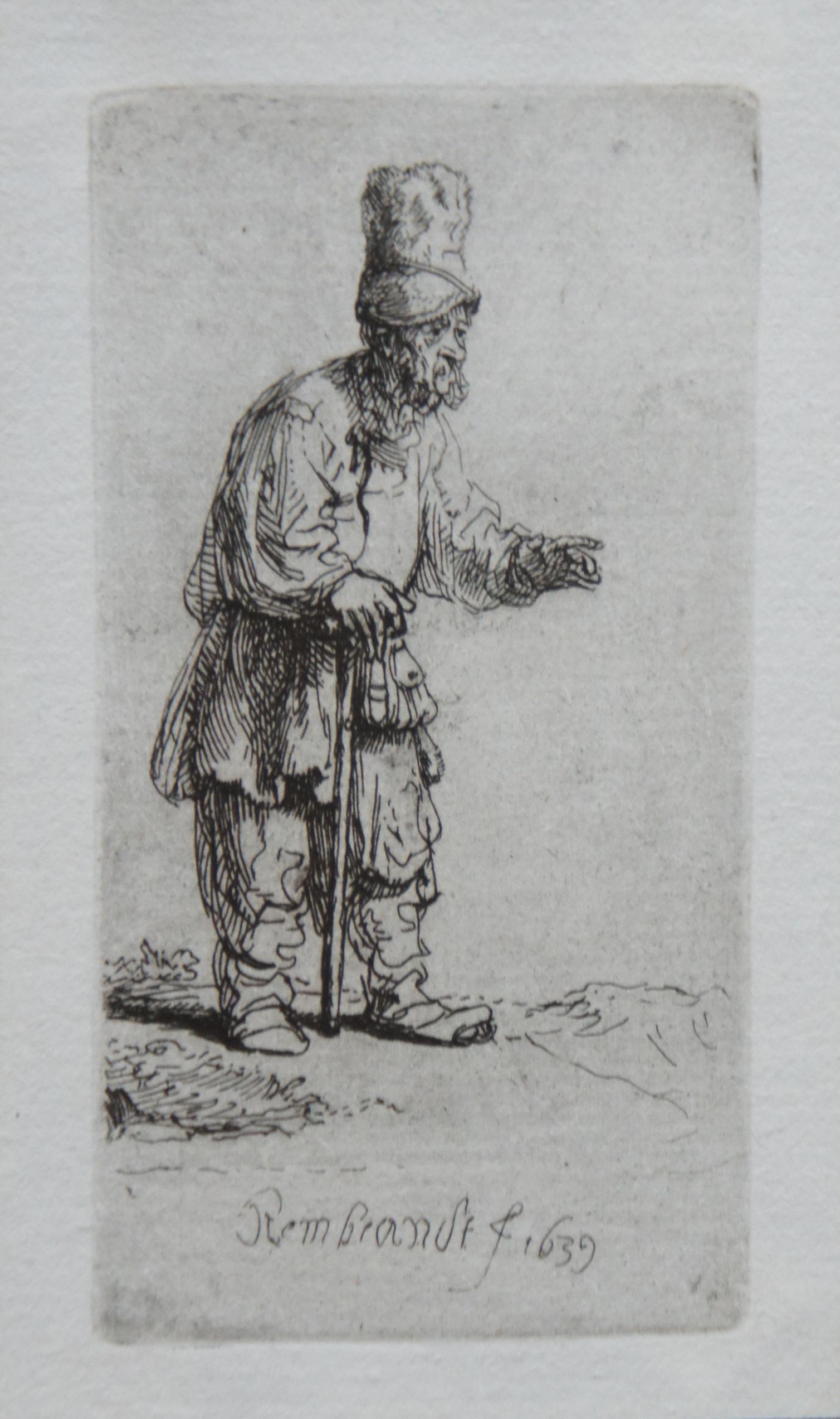 Antique Rembrandt 1639 Etching Peasant in High Cap Standing Leaning on a Stick 2