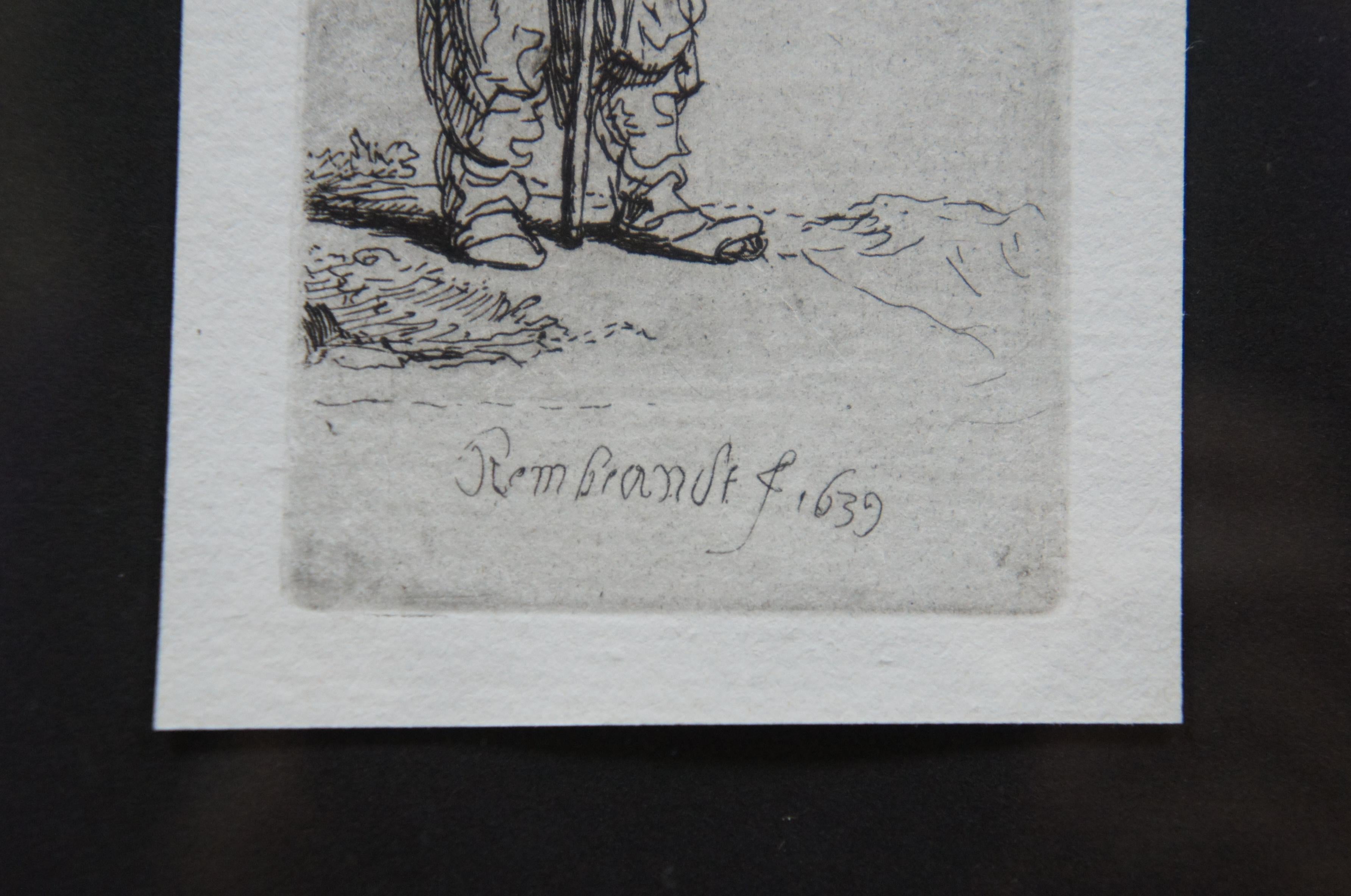 Antique Rembrandt 1639 Etching Peasant in High Cap Standing Leaning on a Stick 3