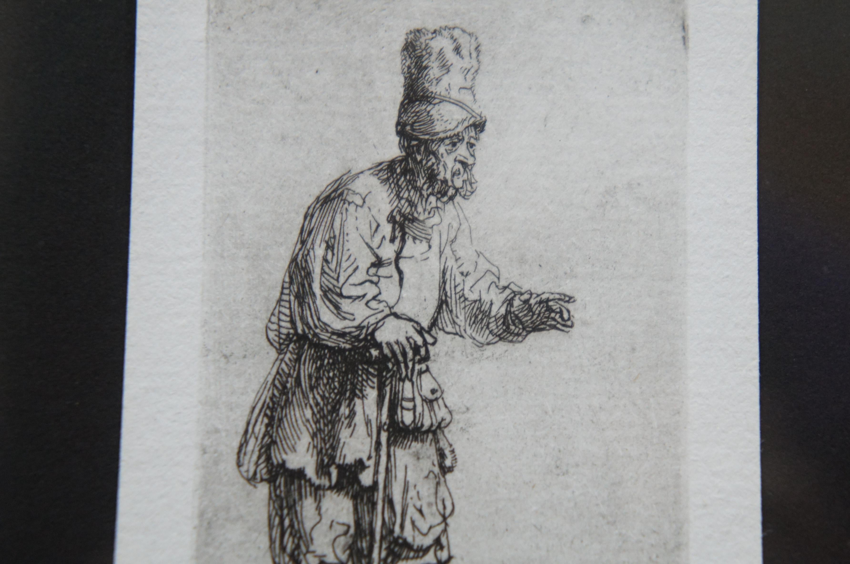 Antique Rembrandt 1639 Etching Peasant in High Cap Standing Leaning on a Stick 4