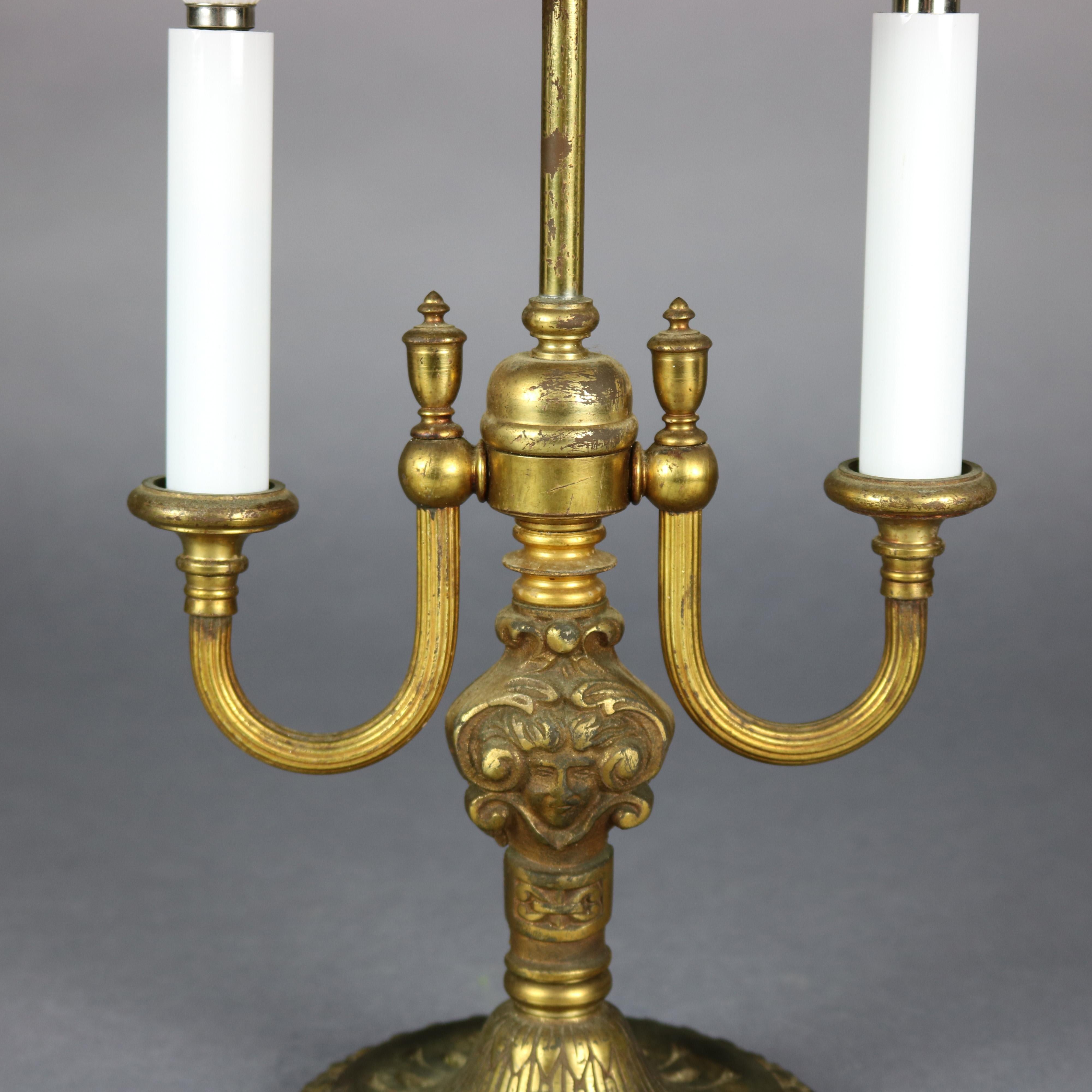 Antique Rembrandt Bronze Bouillotte Table Lamp with Mica Shade, circa 1920 4