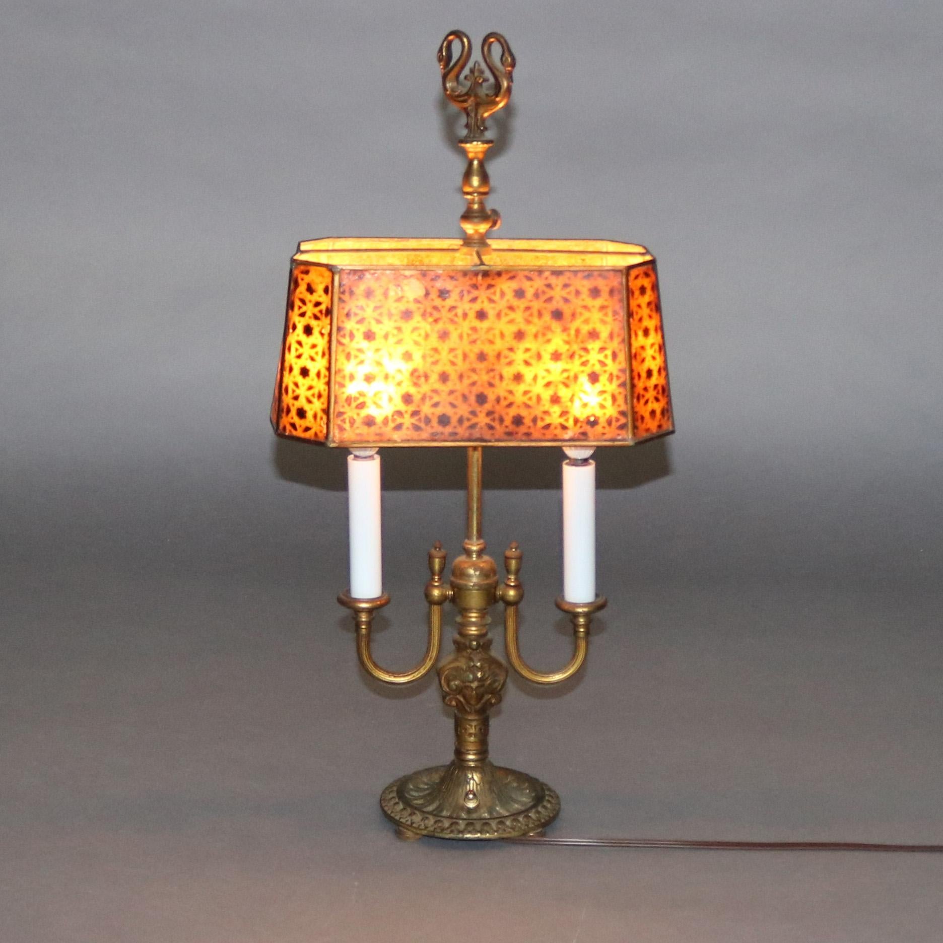 Antique Rembrandt Bronze Bouillotte Table Lamp with Mica Shade, circa 1920 In Good Condition In Big Flats, NY
