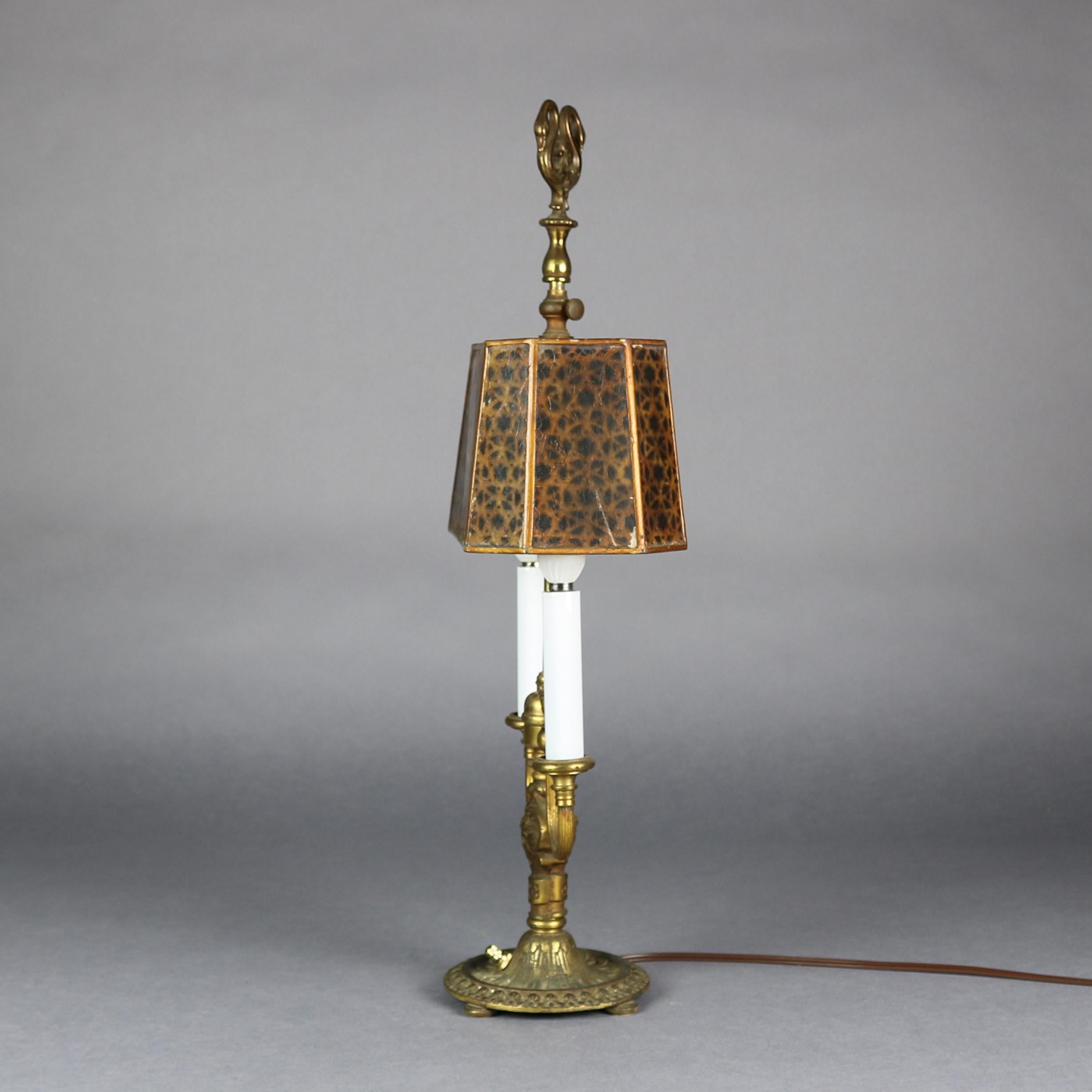 American Antique Rembrandt Bronze Bouillotte Table Lamp with Mica Shade, circa 1920