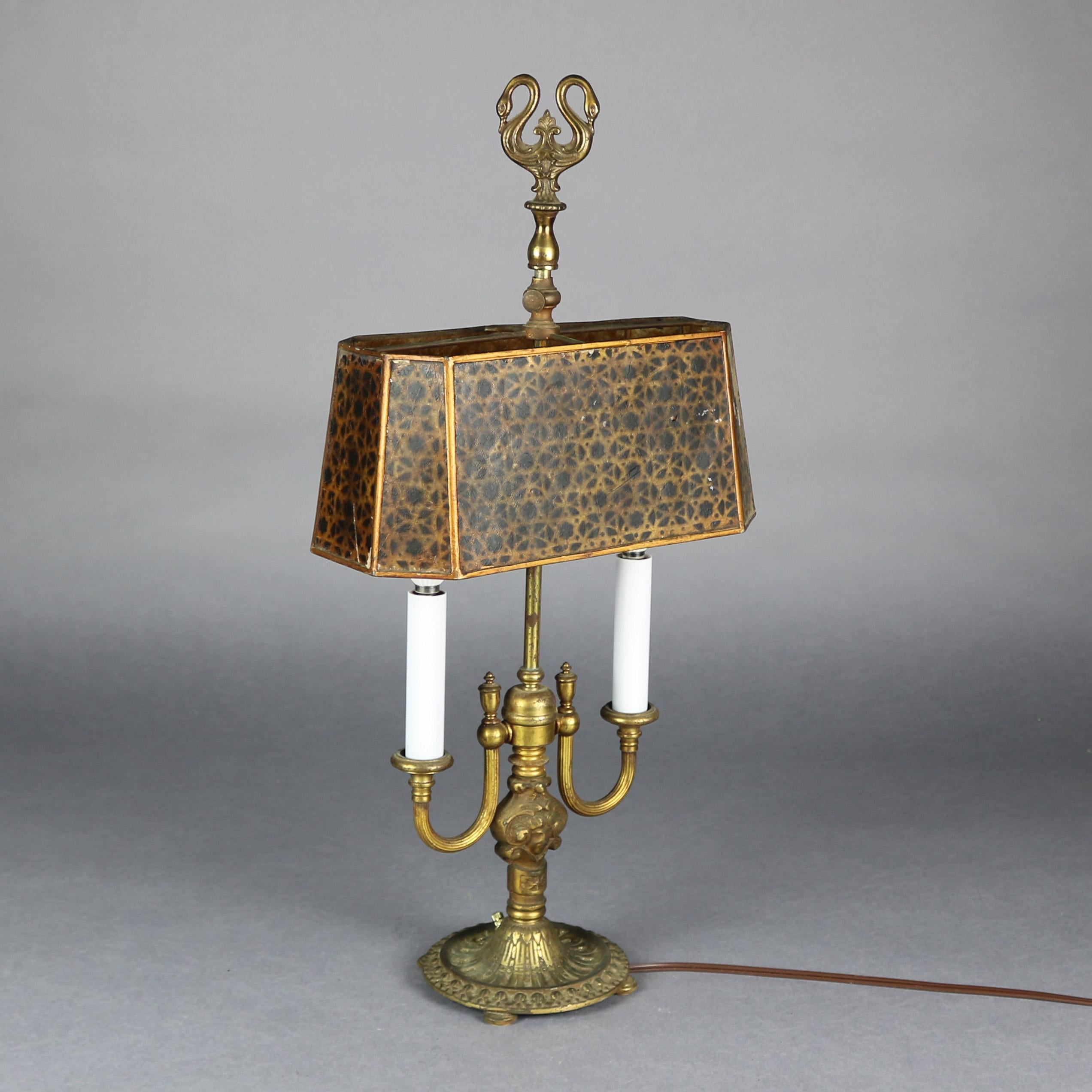 Cast Antique Rembrandt Bronze Bouillotte Table Lamp with Mica Shade, circa 1920