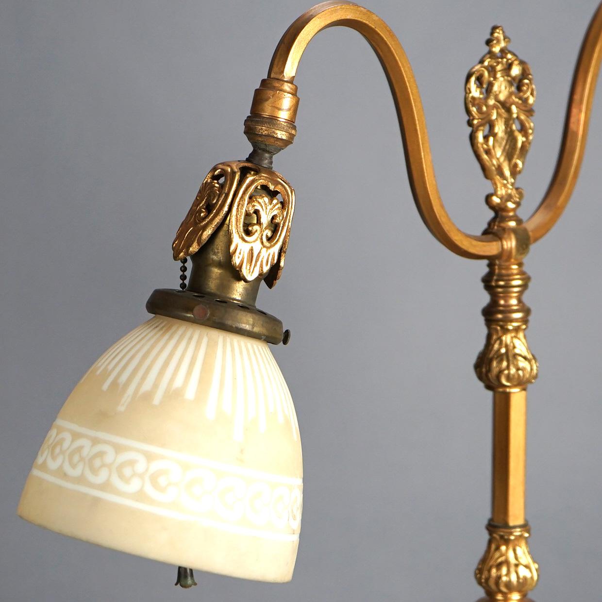 Antique Rembrandt Two-Light Foliate Embossed Brass Table Lamp Circa 1920 6