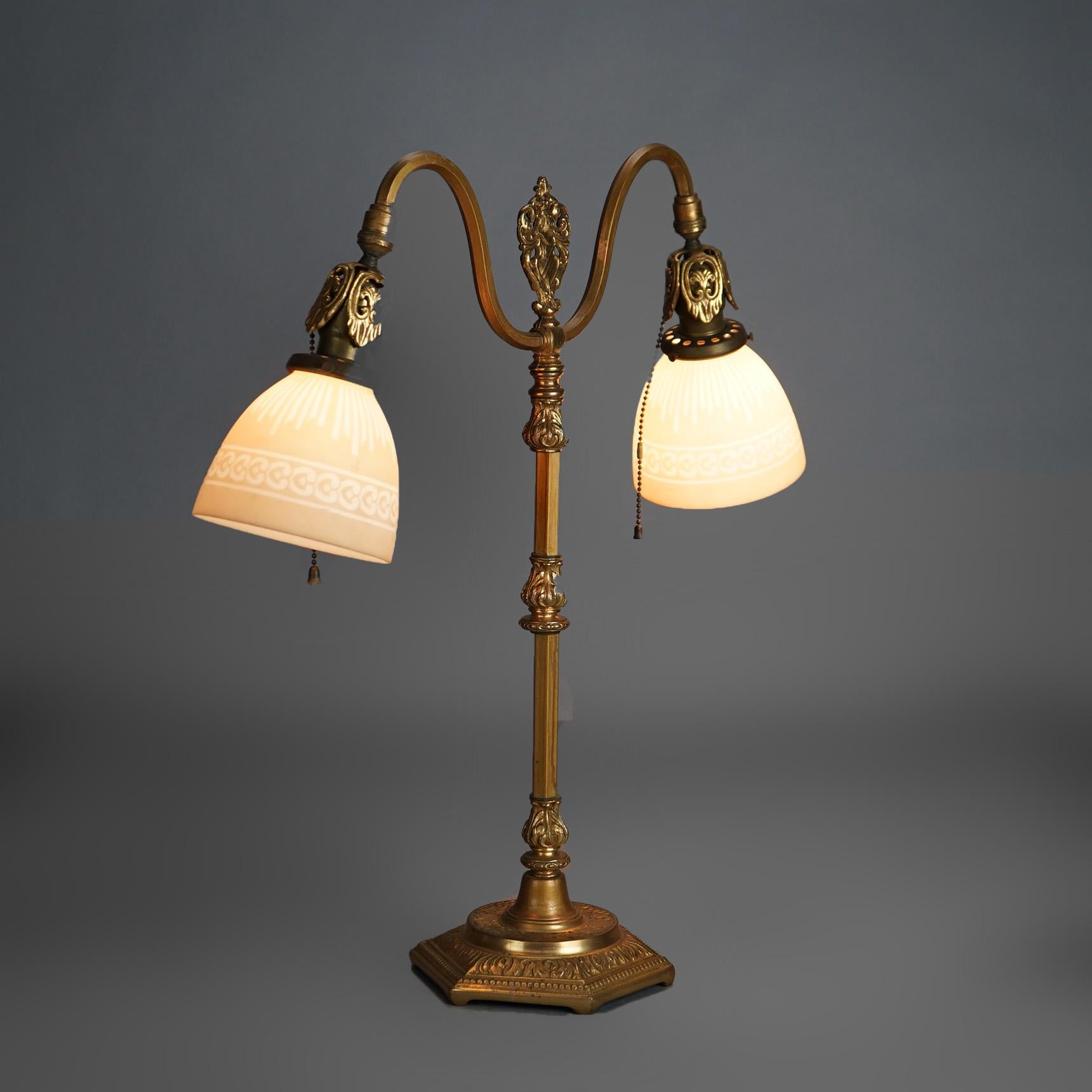 American Antique Rembrandt Two-Light Foliate Embossed Brass Table Lamp Circa 1920 For Sale